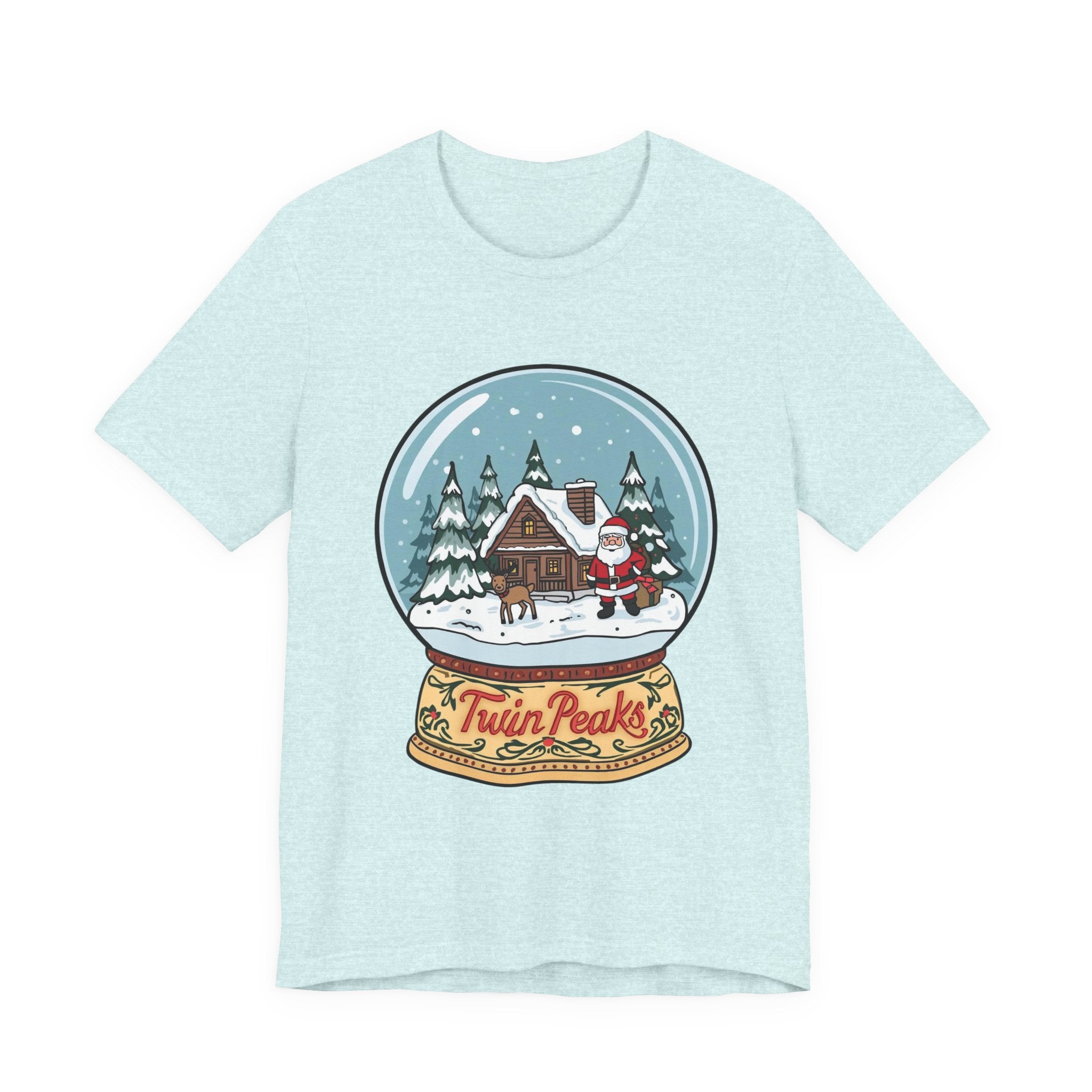 Twin Peaks Christmas Shirt – Snow Globe Santa & Cabin Scene Tee | Mountain Town Christmas Gift | Bella Canvas 3001