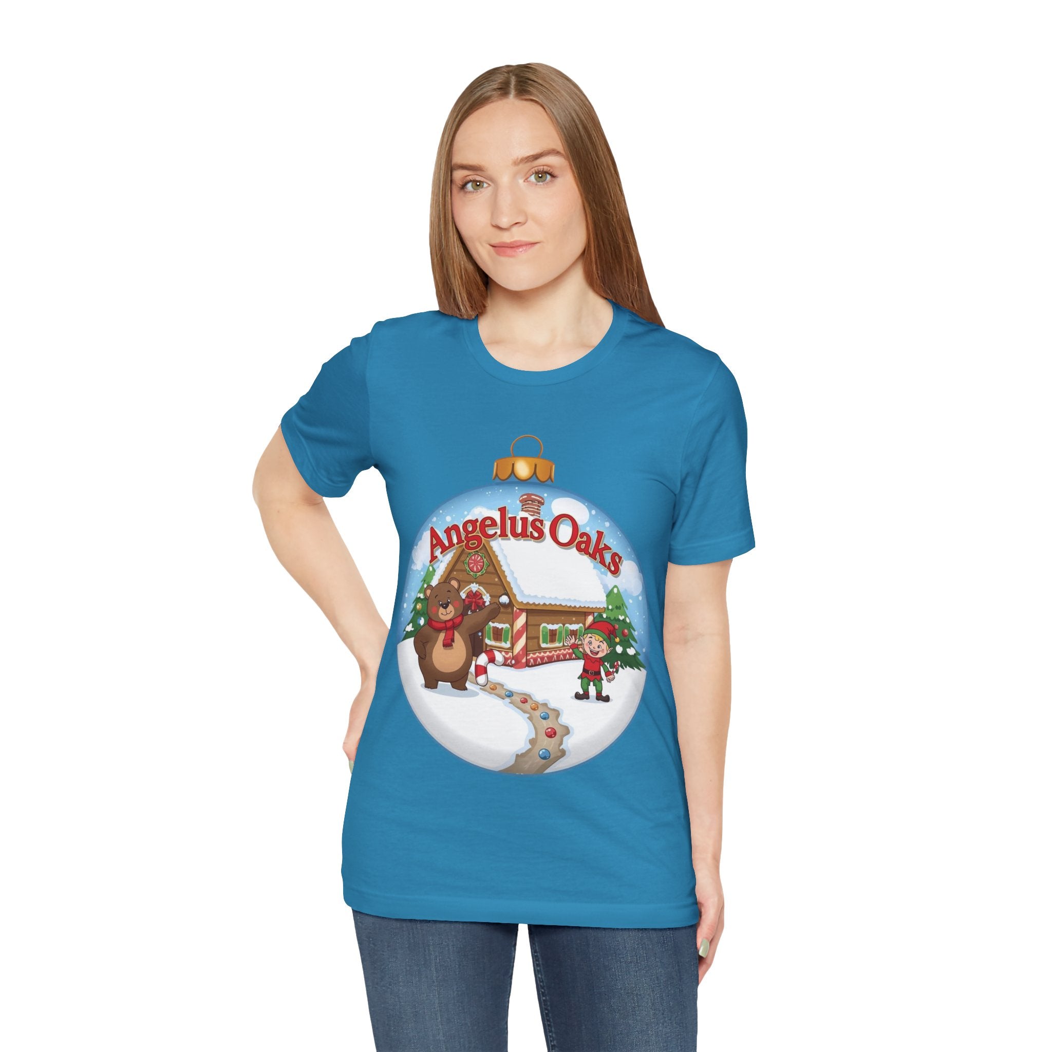 Angelus Oaks Christmas Shirt – Bear & Elf Gingerbread Holiday Tee | Cute Mountain Town Christmas Shirt | Bella Canvas 3001
