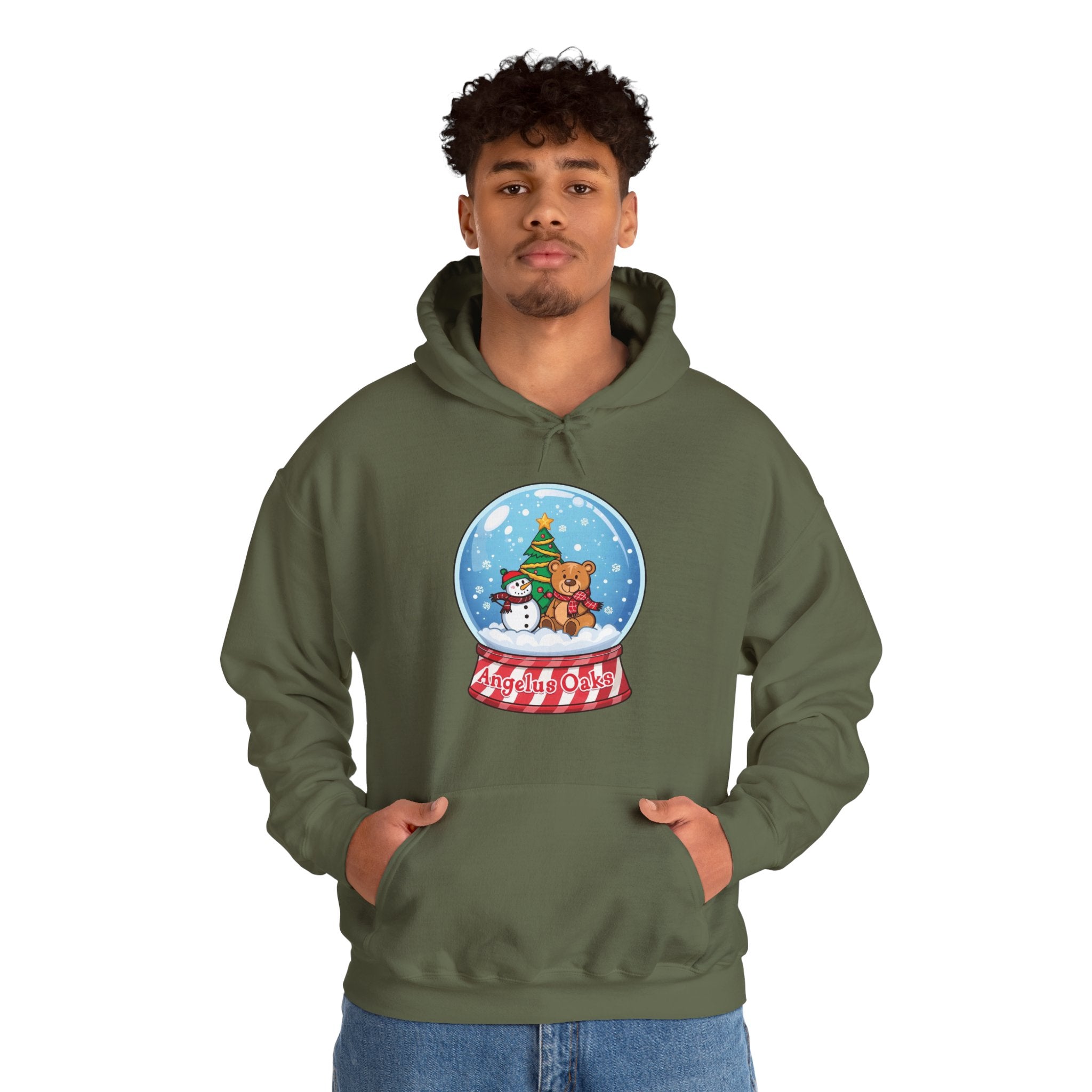 Angelus Oaks Christmas Hoodie – Snow Globe Bear & Snowman Holiday Hoodie | Cozy Mountain Town Christmas Sweater | Gildan 18500
