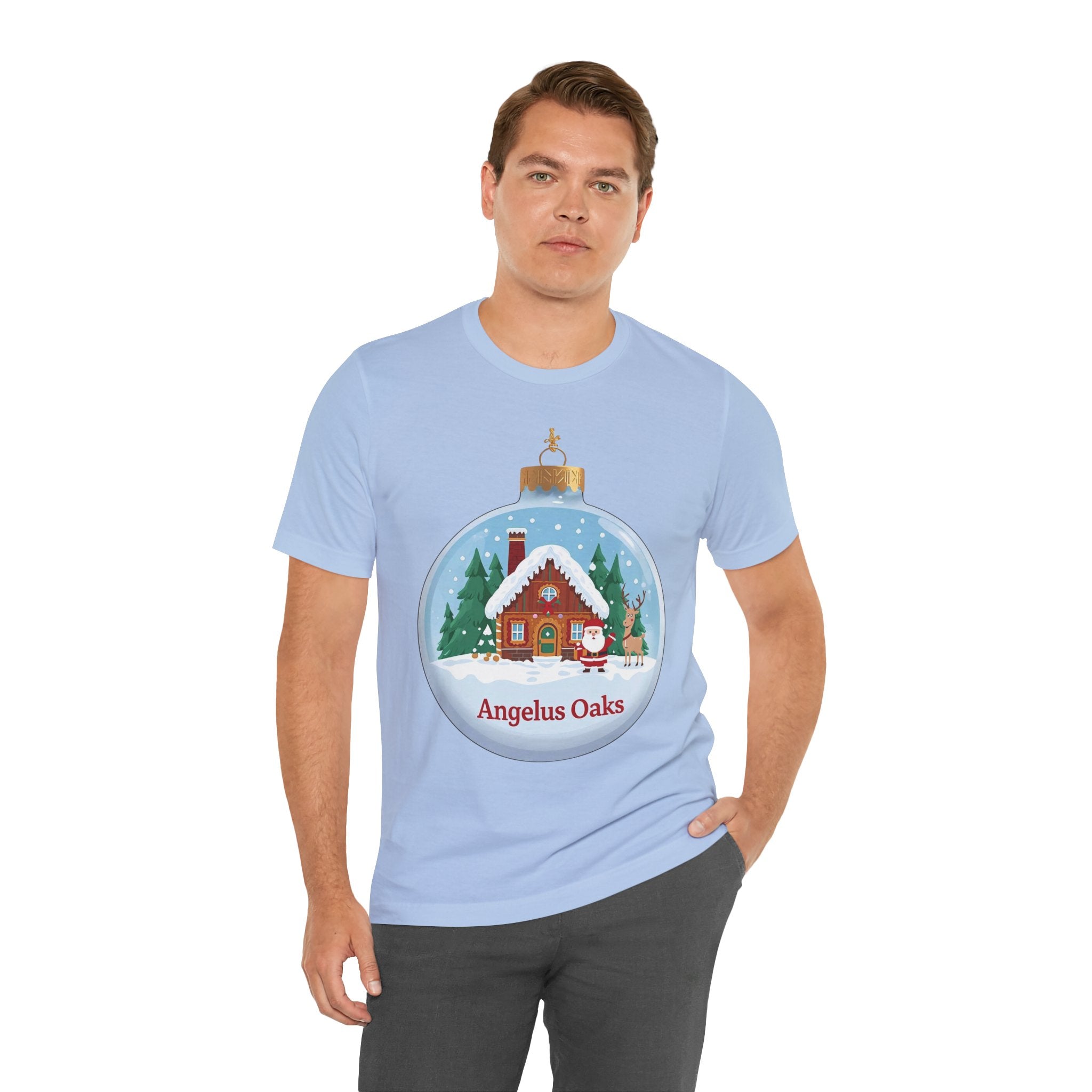 Angelus Oaks Christmas Shirt – Santa & Reindeer Cabin Ornament Tee | Mountain Town Holiday Shirt | Bella Canvas 3001