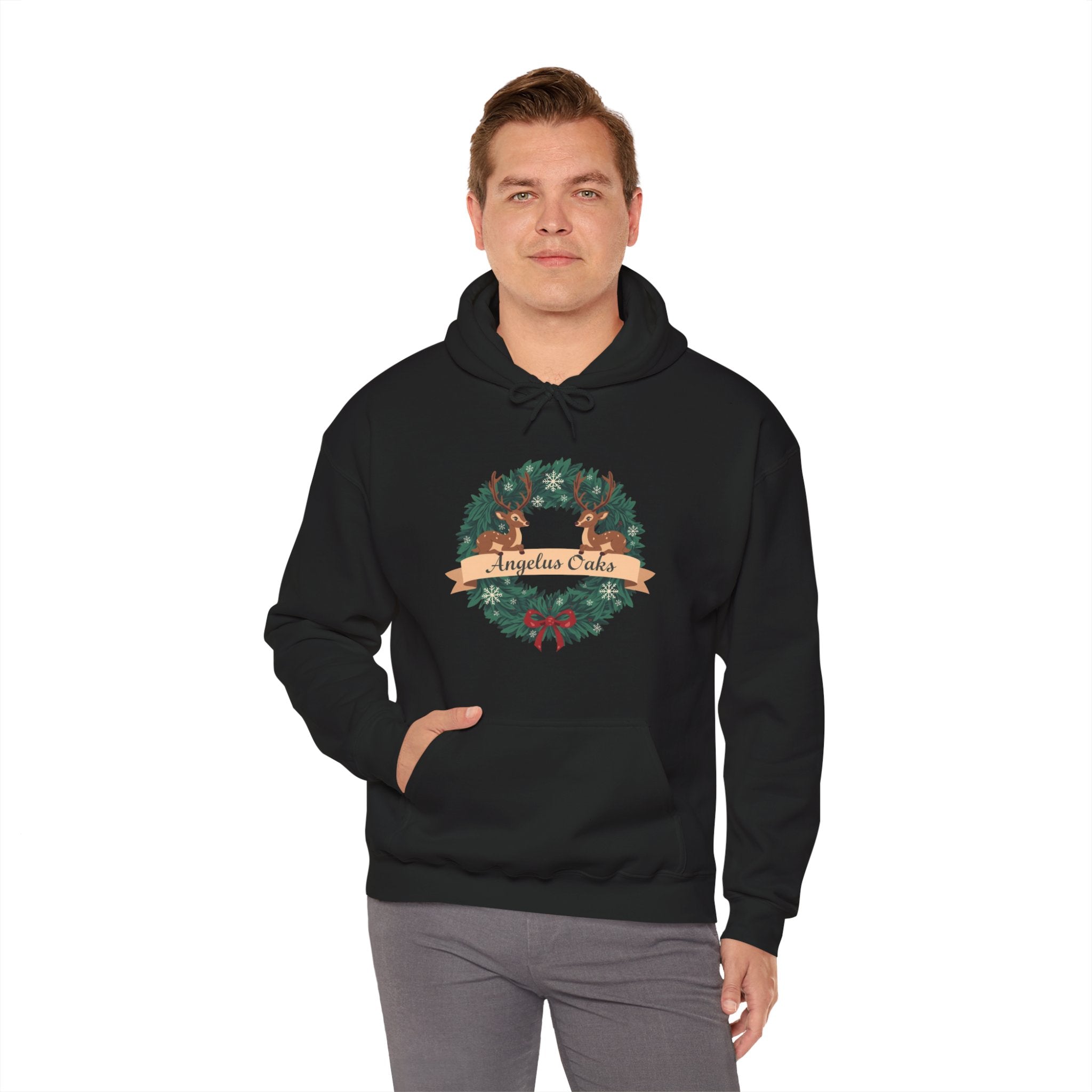 Angelus Oaks Christmas Hoodie – Deer Wreath Holiday Hoodie | Cozy Mountain Town Christmas Sweater | Gildan 18500