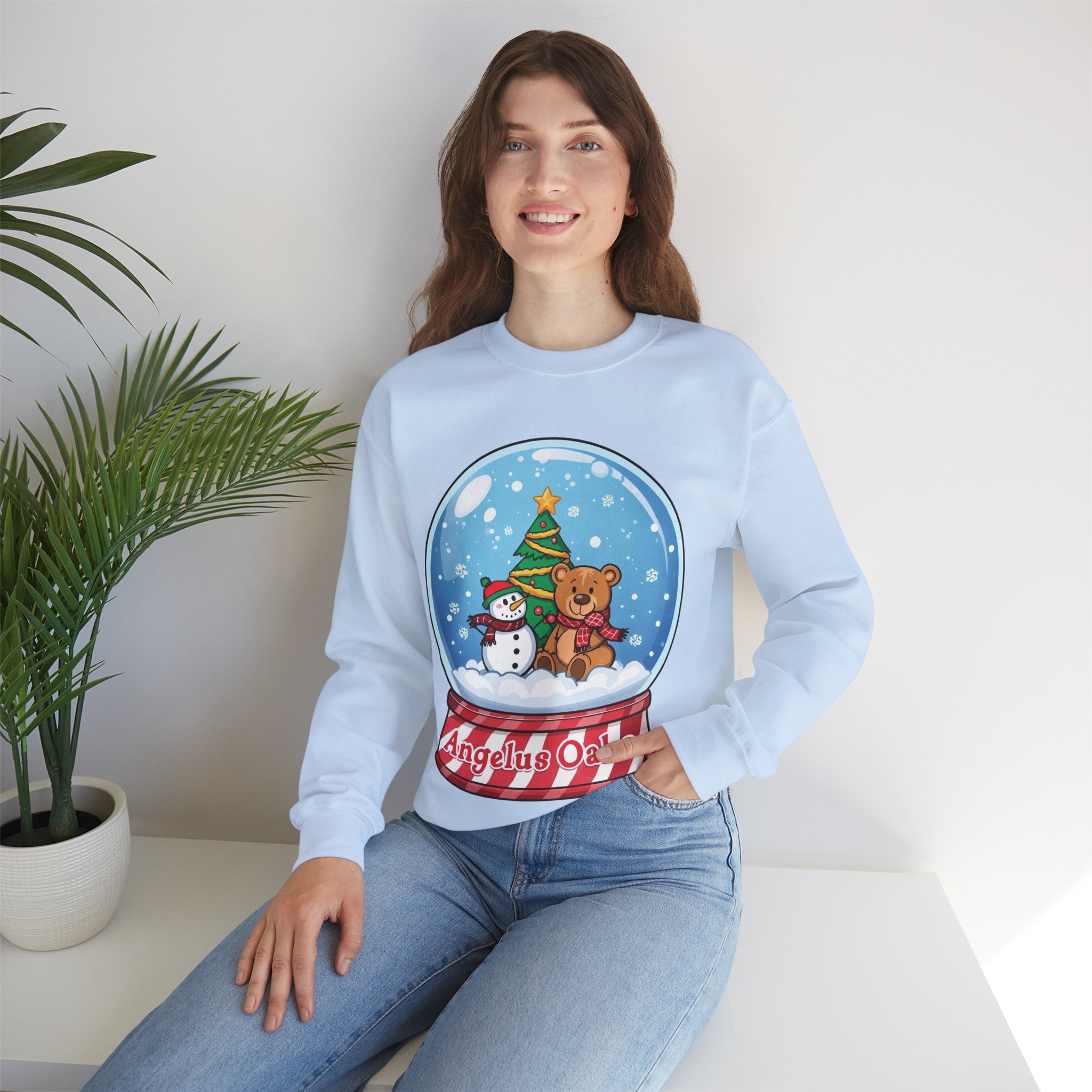 Angelus Oaks Christmas Sweatshirt – Snow Globe Bear & Snowman Crewneck | Cozy Mountain Town Holiday Sweater | Gildan 18000