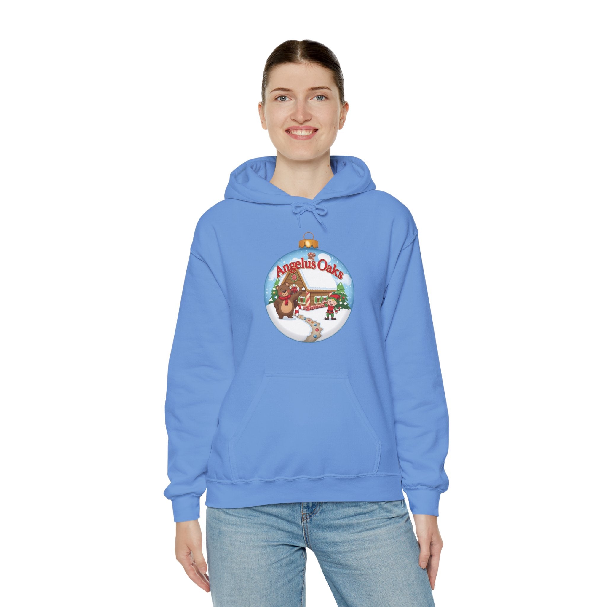 Angelus Oaks Christmas Hoodie – Bear & Elf Gingerbread Holiday Hoodie | Cute Mountain Town Christmas Sweater | Gildan 18500
