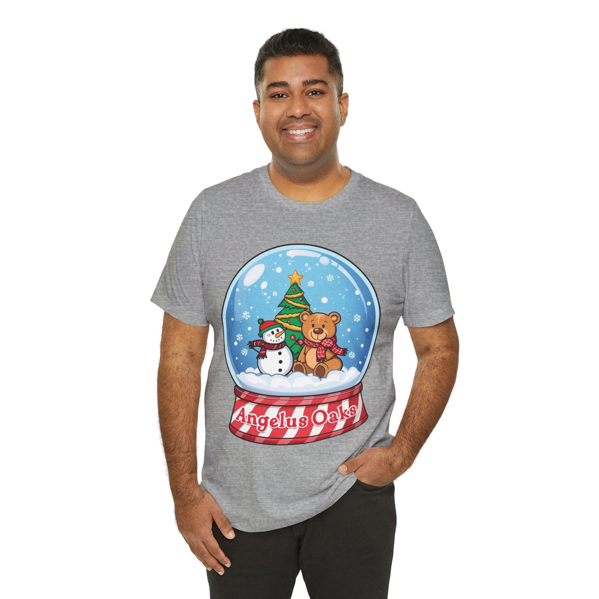 Angelus Oaks Christmas Shirt – Snow Globe Bear & Snowman Holiday Tee | Cute Mountain Town Christmas Shirt | Bella Canvas 3001