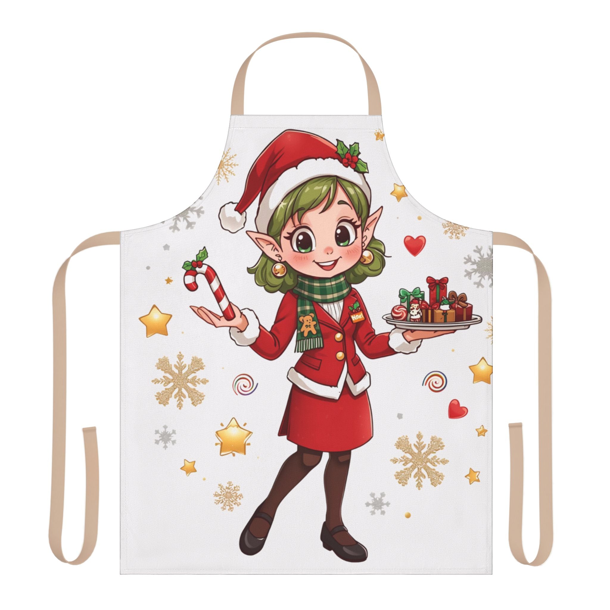 Christmas Elf Apron – Cute Holiday Baking Chef Apron with Candy Cane & Treats