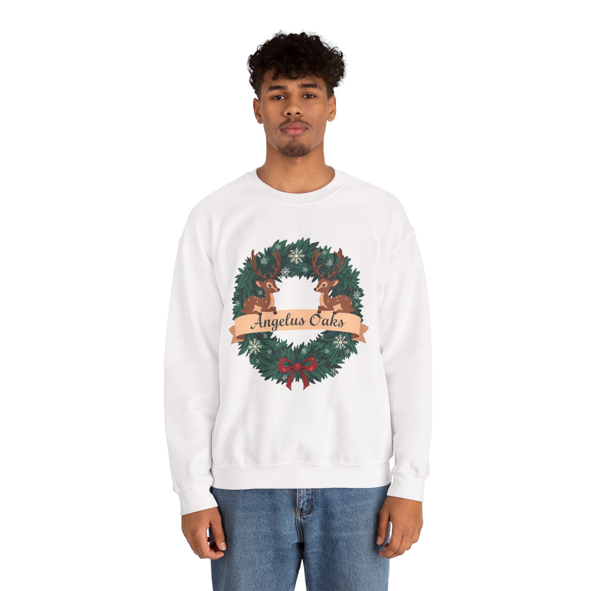 Angelus Oaks Christmas Sweatshirt – Deer Wreath Holiday Crewneck | Cozy Mountain Town Christmas Sweater | Gildan 18000