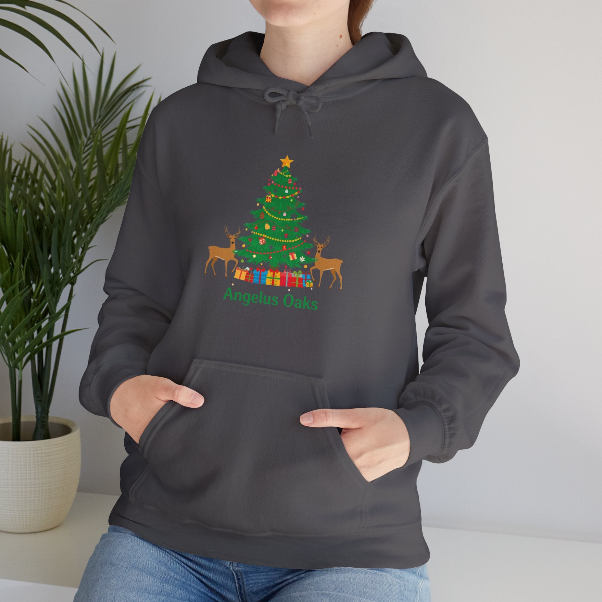 Angelus Oaks Christmas Hoodie – Christmas Tree & Deer Holiday Hoodie | Cozy Mountain Town Christmas Sweater | Gildan 18500
