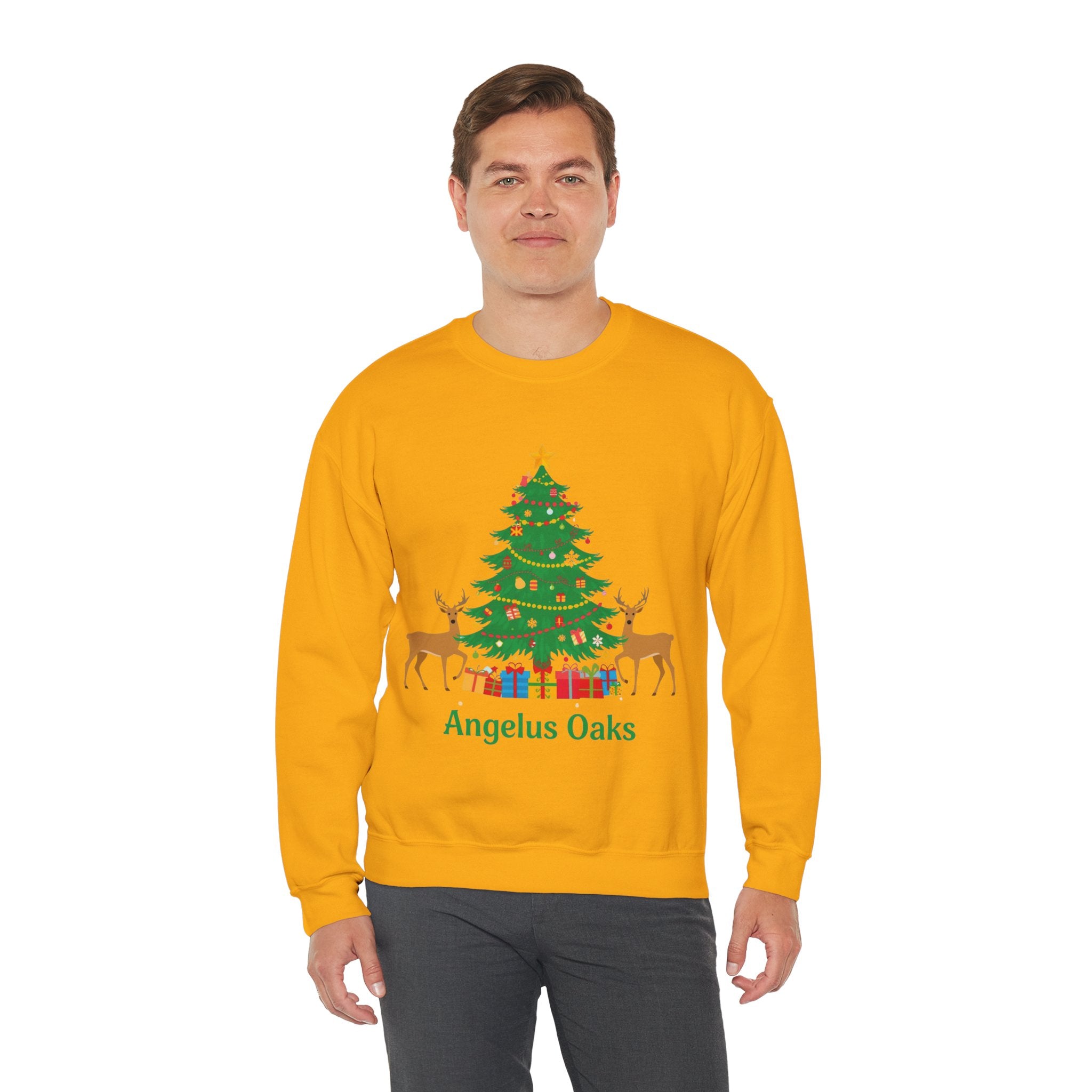 Angelus Oaks Christmas Sweatshirt – Christmas Tree & Deer Holiday Crewneck | Mountain Town Christmas Sweater | Gildan 18000