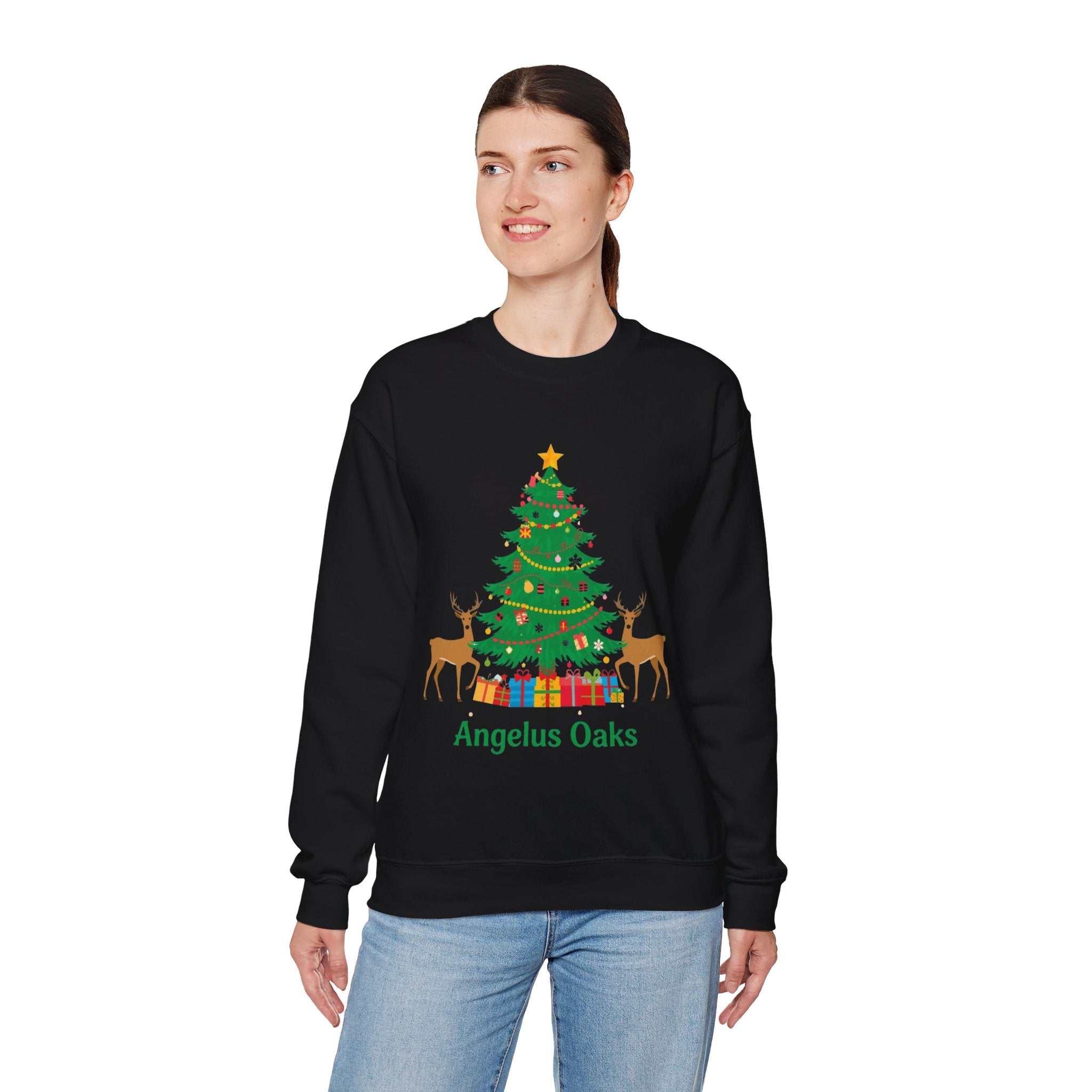 Angelus Oaks Christmas Sweatshirt – Christmas Tree & Deer Holiday Crewneck | Mountain Town Christmas Sweater | Gildan 18000