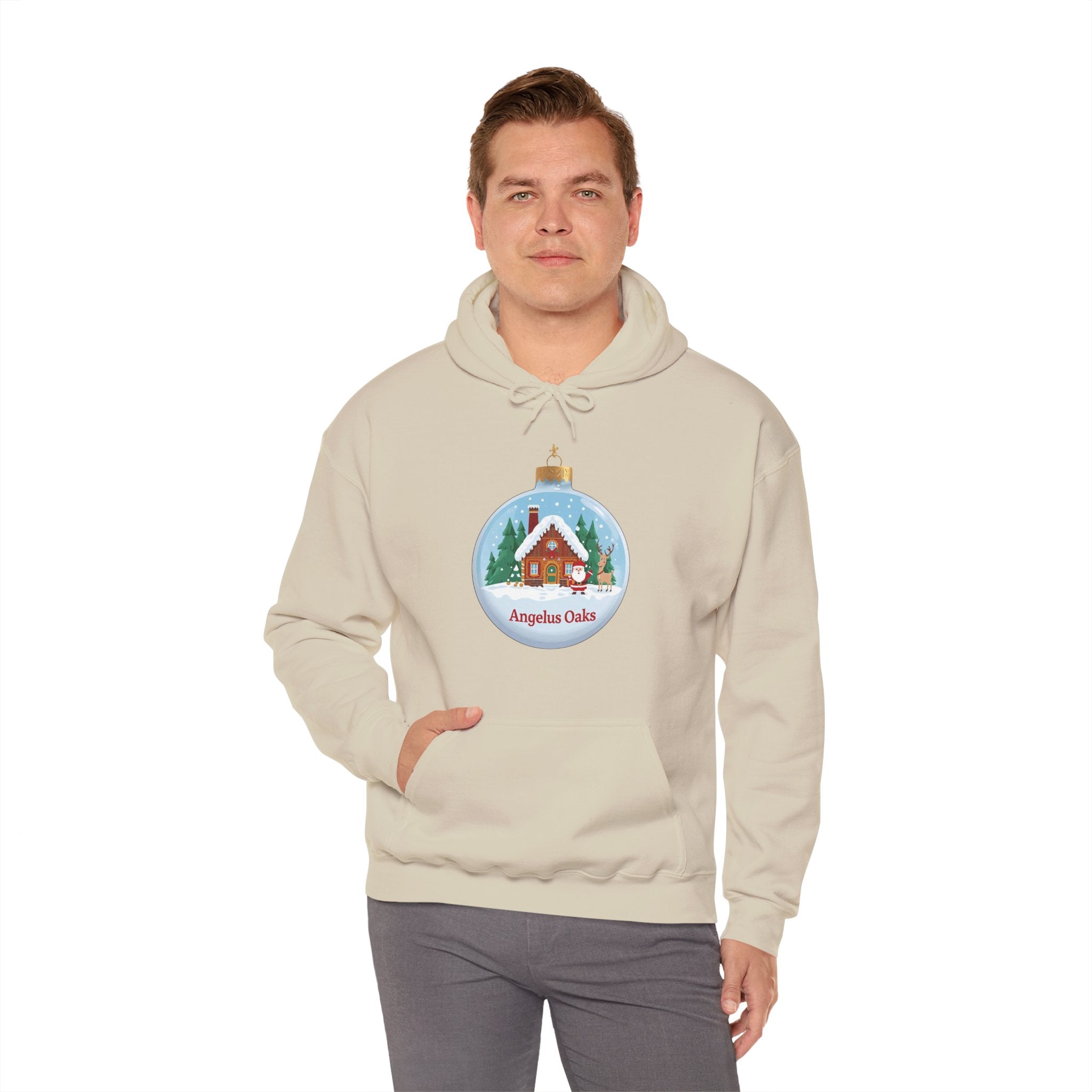 Angelus Oaks Christmas Hoodie – Santa & Reindeer Cabin Ornament Hoodie | Cozy Mountain Town Christmas Sweater | Gildan 18500