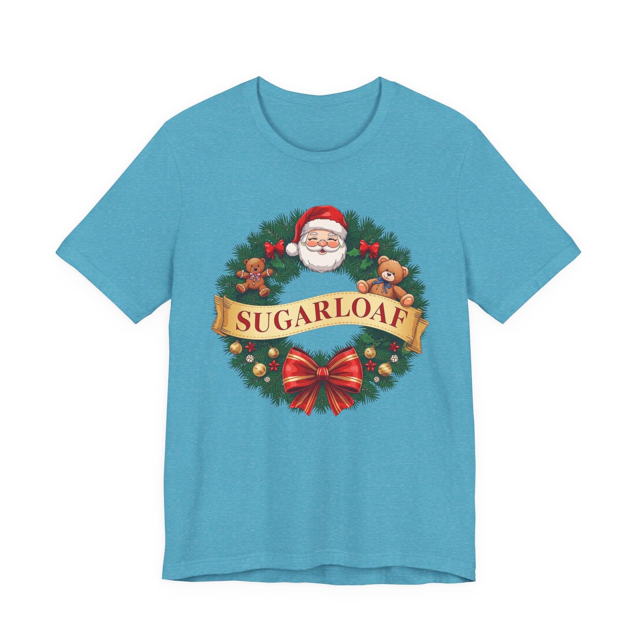 Sugarloaf Christmas Shirt – Santa & Teddy Bear Wreath Tee | Mountain Town Christmas Gift | Bella Canvas 3001