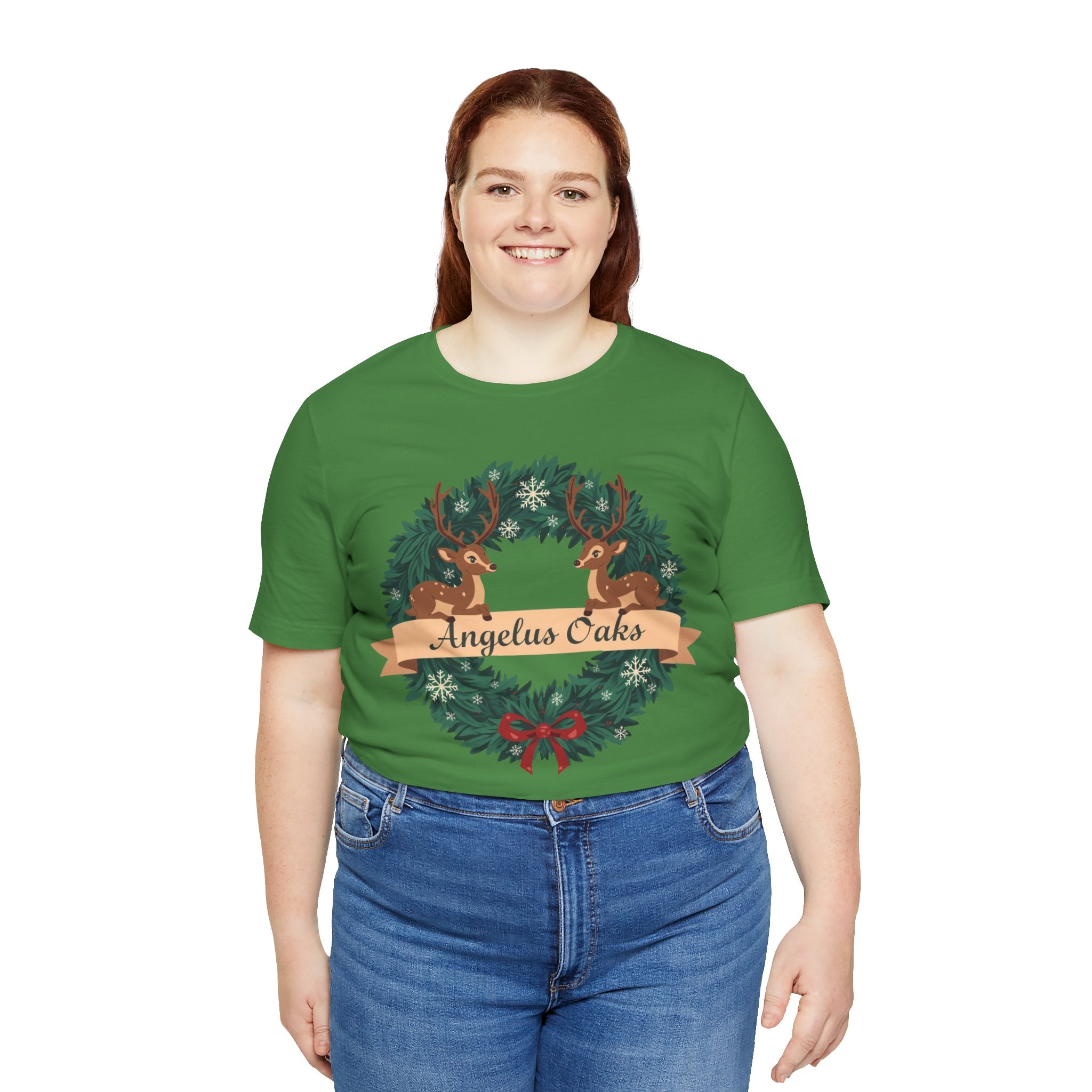 Angelus Oaks Christmas Shirt – Deer Wreath Holiday Tee | Mountain Town Christmas Shirt | Bella Canvas 3001