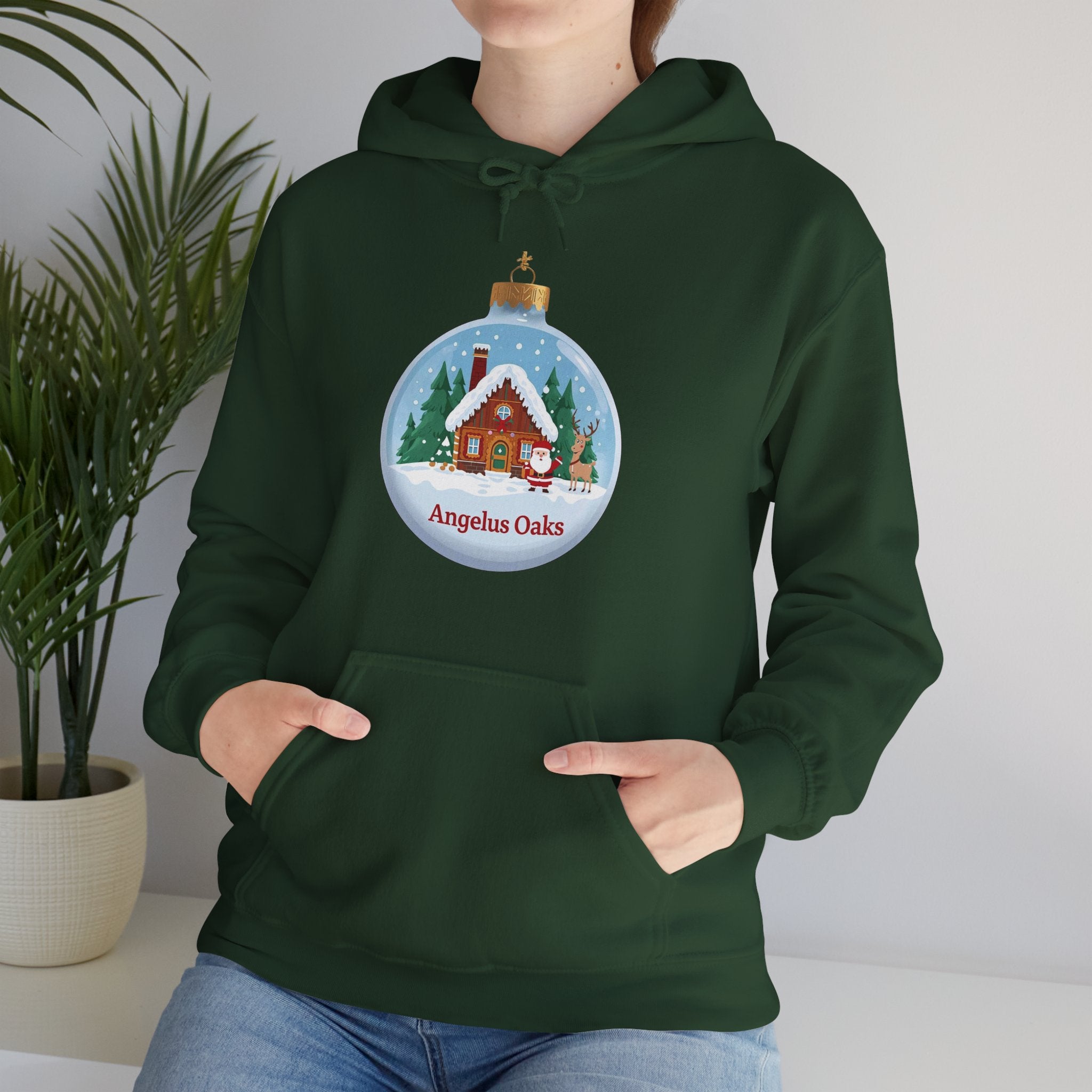 Angelus Oaks Christmas Hoodie – Santa & Reindeer Cabin Ornament Hoodie | Cozy Mountain Town Christmas Sweater | Gildan 18500
