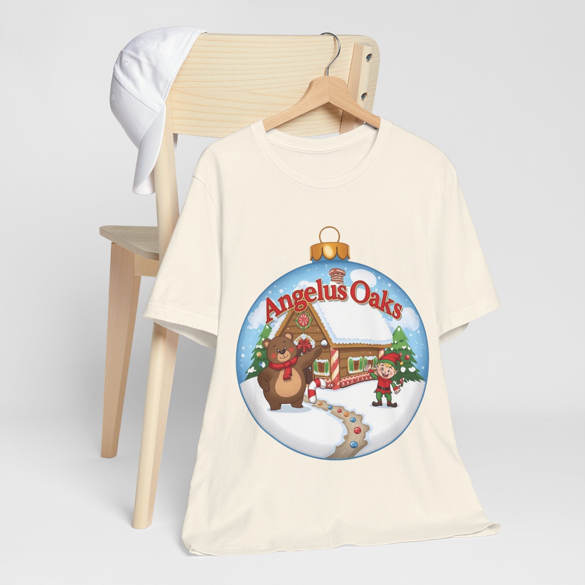 Angelus Oaks Christmas Shirt – Bear & Elf Gingerbread Holiday Tee | Cute Mountain Town Christmas Shirt | Bella Canvas 3001