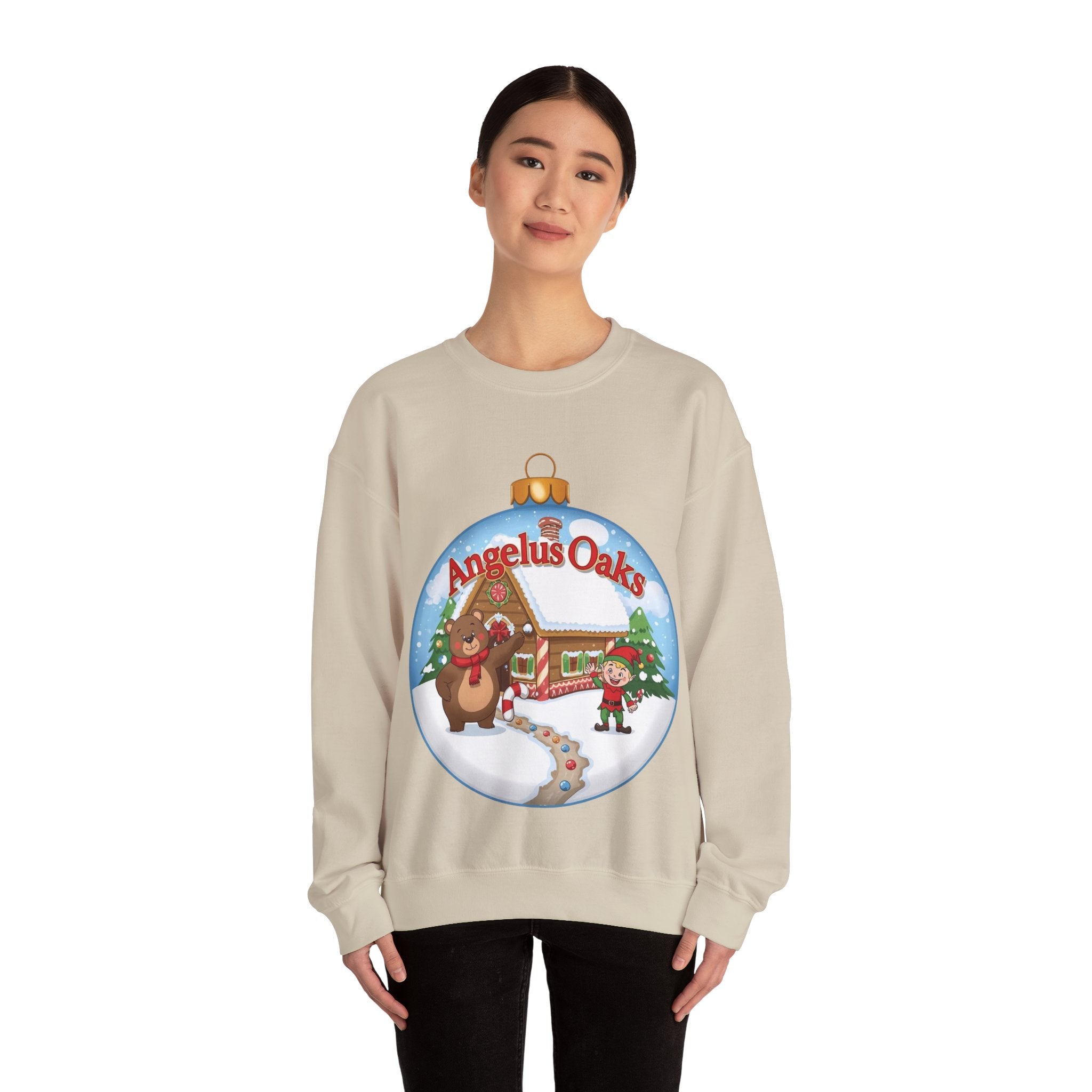 Angelus Oaks Christmas Sweatshirt – Bear & Elf Gingerbread Holiday Crewneck | Cute Mountain Town Christmas Sweater | Gildan 18000