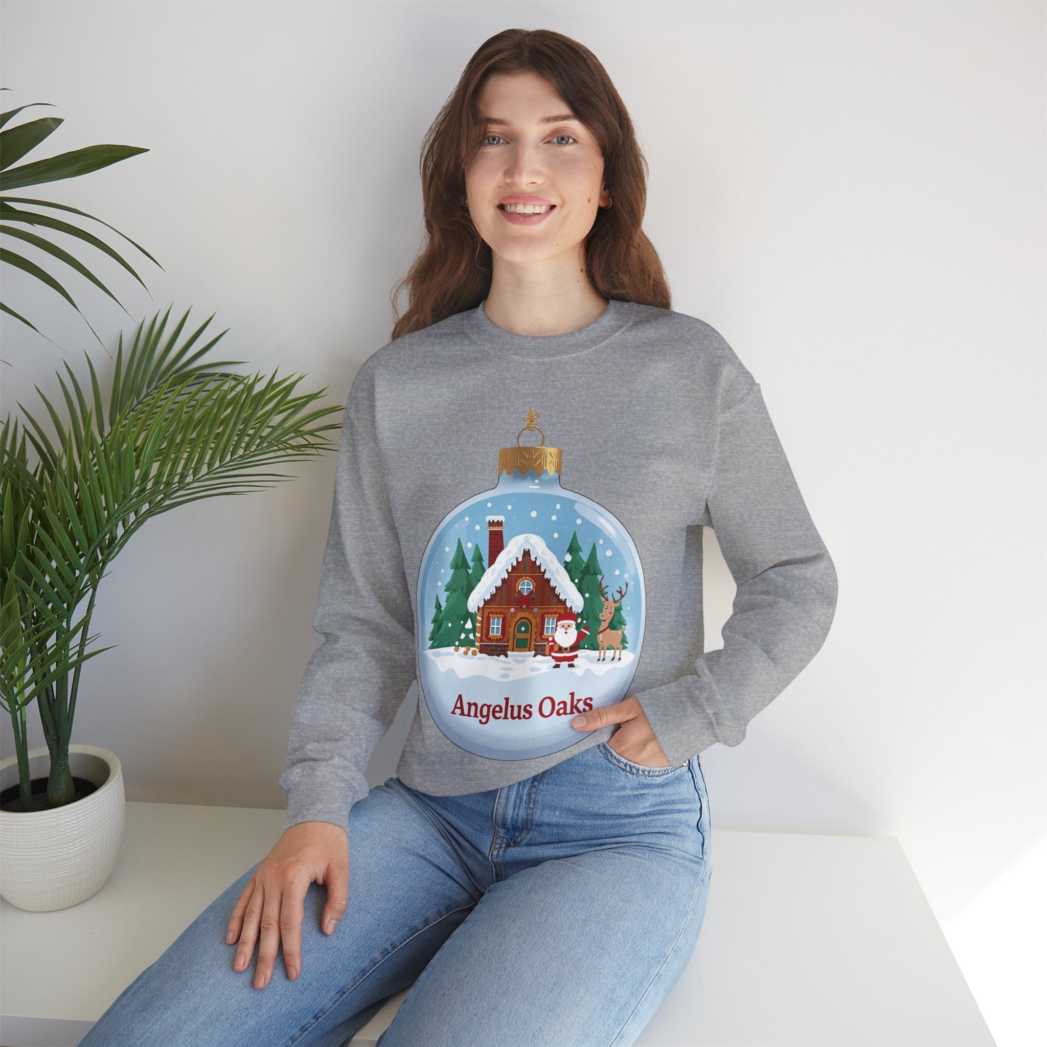 Angelus Oaks Christmas Sweatshirt – Santa & Reindeer Cabin Ornament Crewneck | Mountain Town Holiday Sweater | Gildan 18000