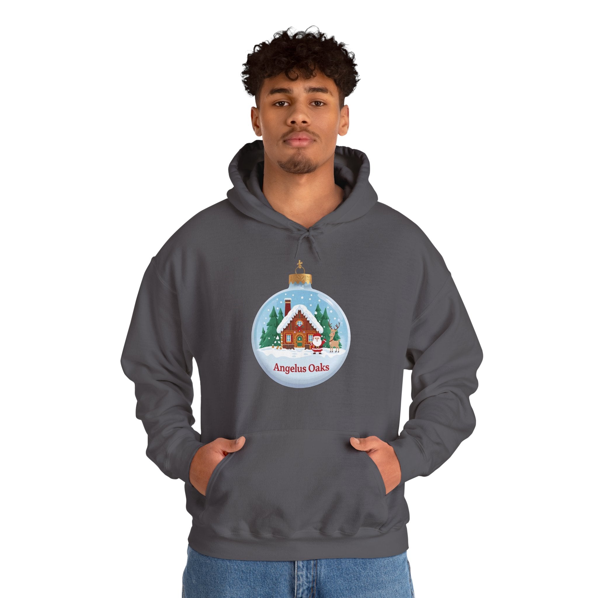 Angelus Oaks Christmas Hoodie – Santa & Reindeer Cabin Ornament Hoodie | Cozy Mountain Town Christmas Sweater | Gildan 18500