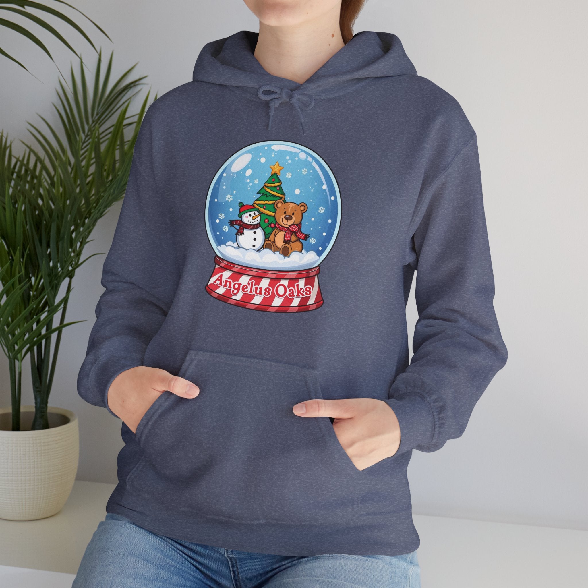 Angelus Oaks Christmas Hoodie – Snow Globe Bear & Snowman Holiday Hoodie | Cozy Mountain Town Christmas Sweater | Gildan 18500
