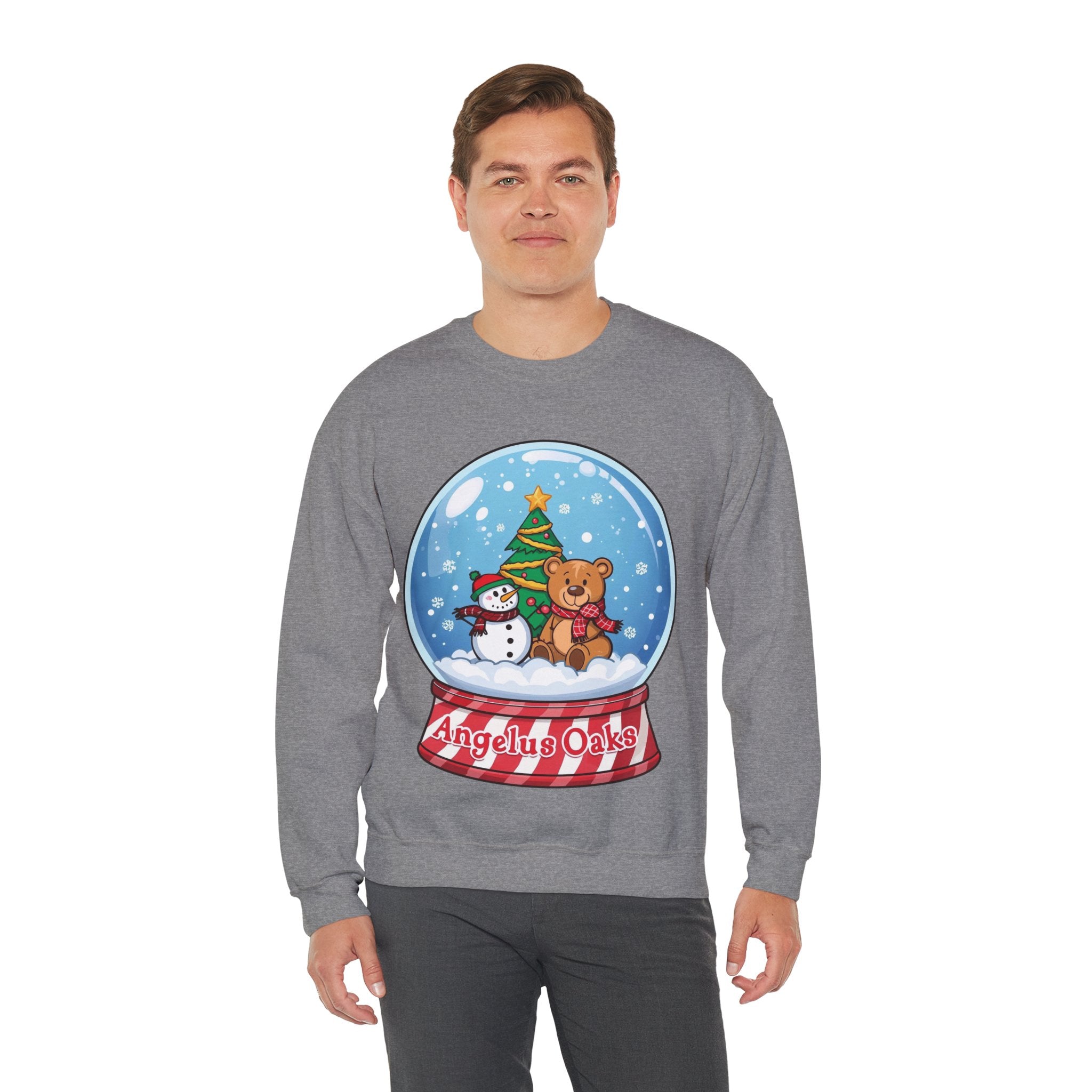 Angelus Oaks Christmas Sweatshirt – Snow Globe Bear & Snowman Crewneck | Cozy Mountain Town Holiday Sweater | Gildan 18000