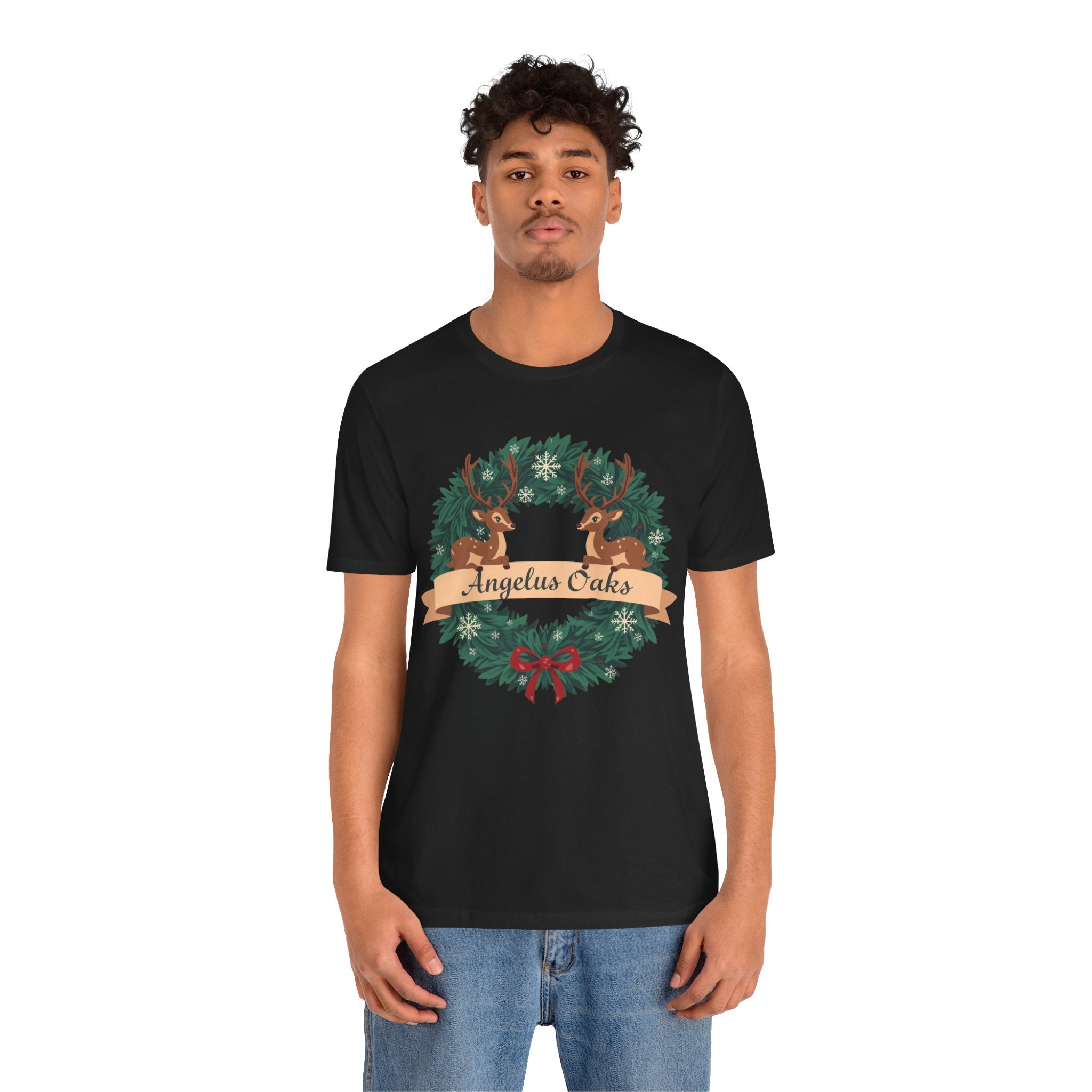 Angelus Oaks Christmas Shirt – Deer Wreath Holiday Tee | Mountain Town Christmas Shirt | Bella Canvas 3001