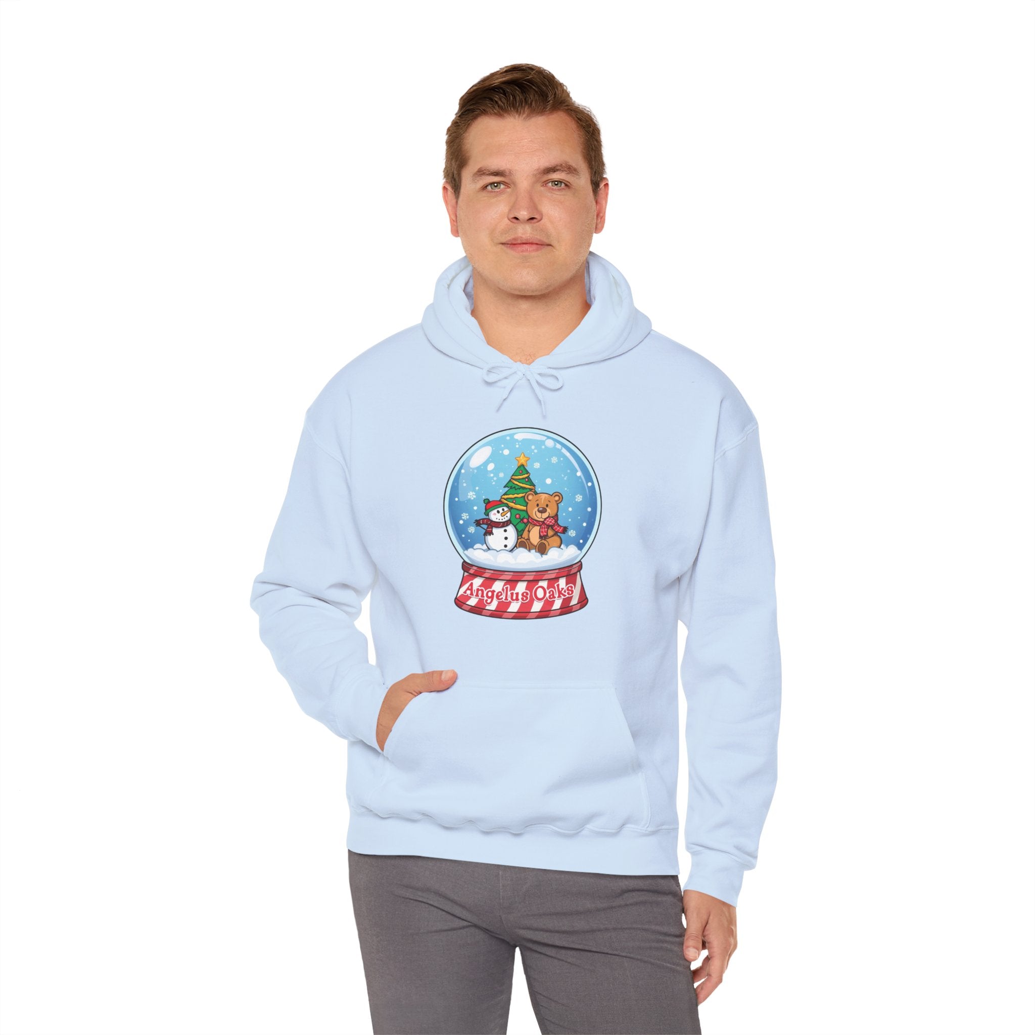 Angelus Oaks Christmas Hoodie – Snow Globe Bear & Snowman Holiday Hoodie | Cozy Mountain Town Christmas Sweater | Gildan 18500