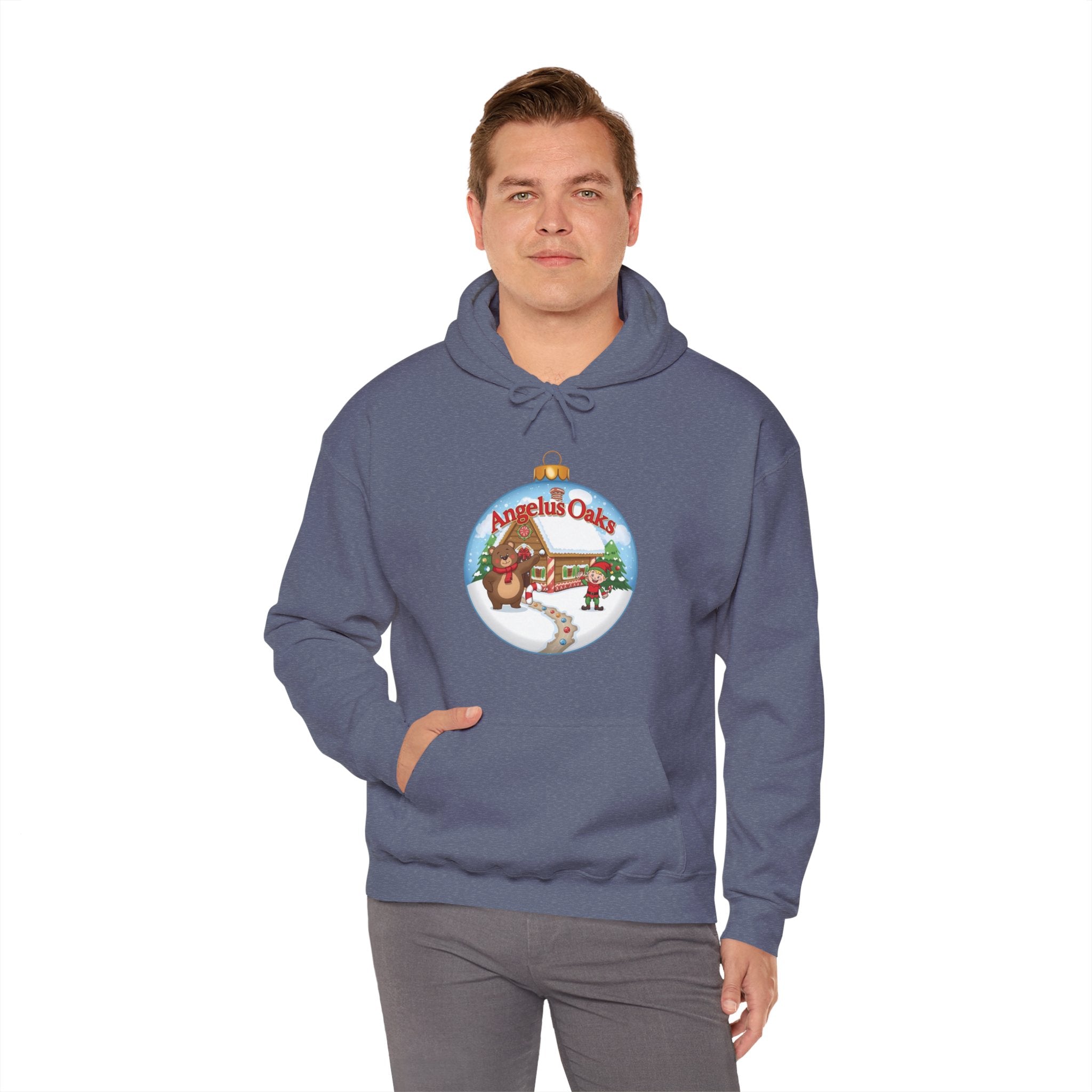 Angelus Oaks Christmas Hoodie – Bear & Elf Gingerbread Holiday Hoodie | Cute Mountain Town Christmas Sweater | Gildan 18500
