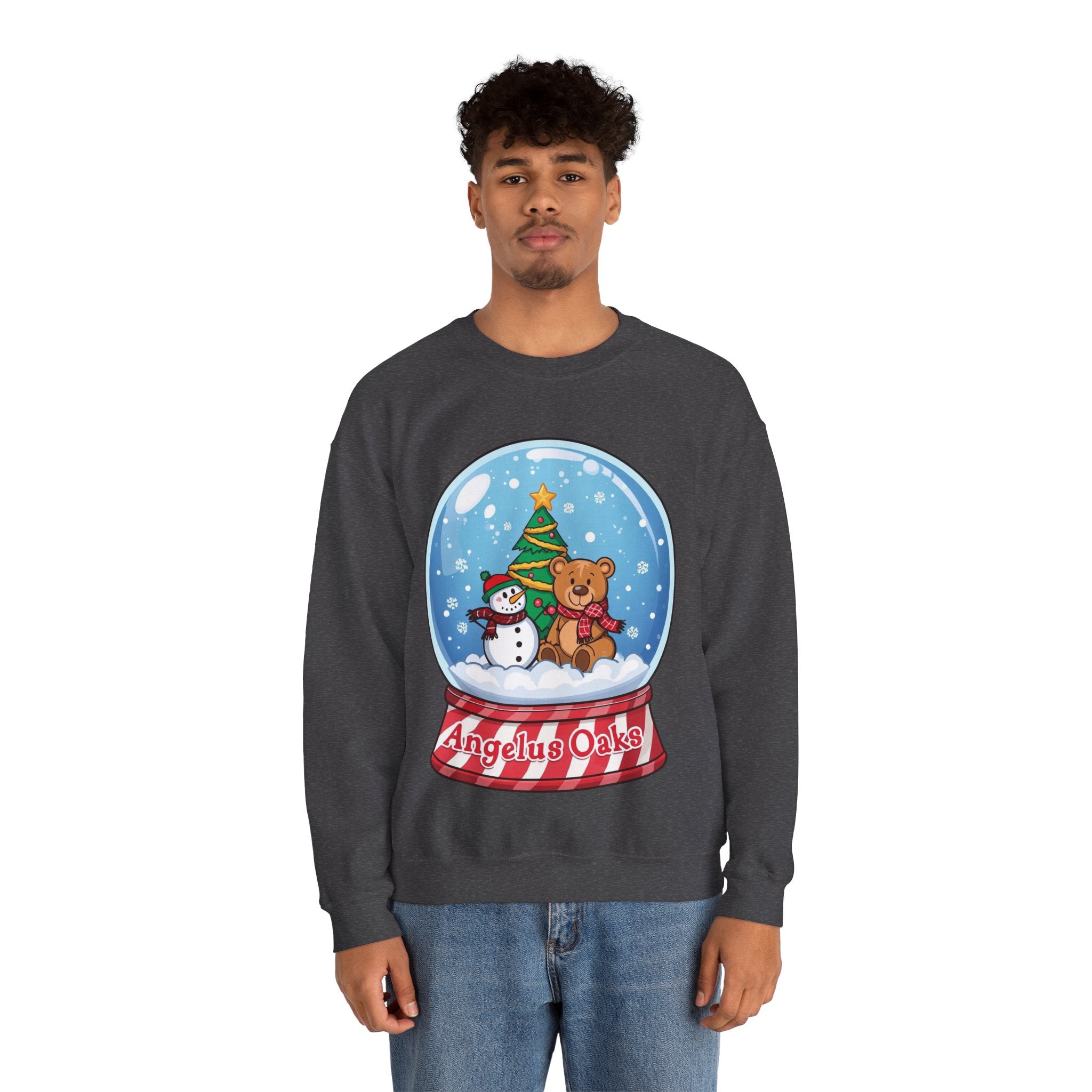 Angelus Oaks Christmas Sweatshirt – Snow Globe Bear & Snowman Crewneck | Cozy Mountain Town Holiday Sweater | Gildan 18000