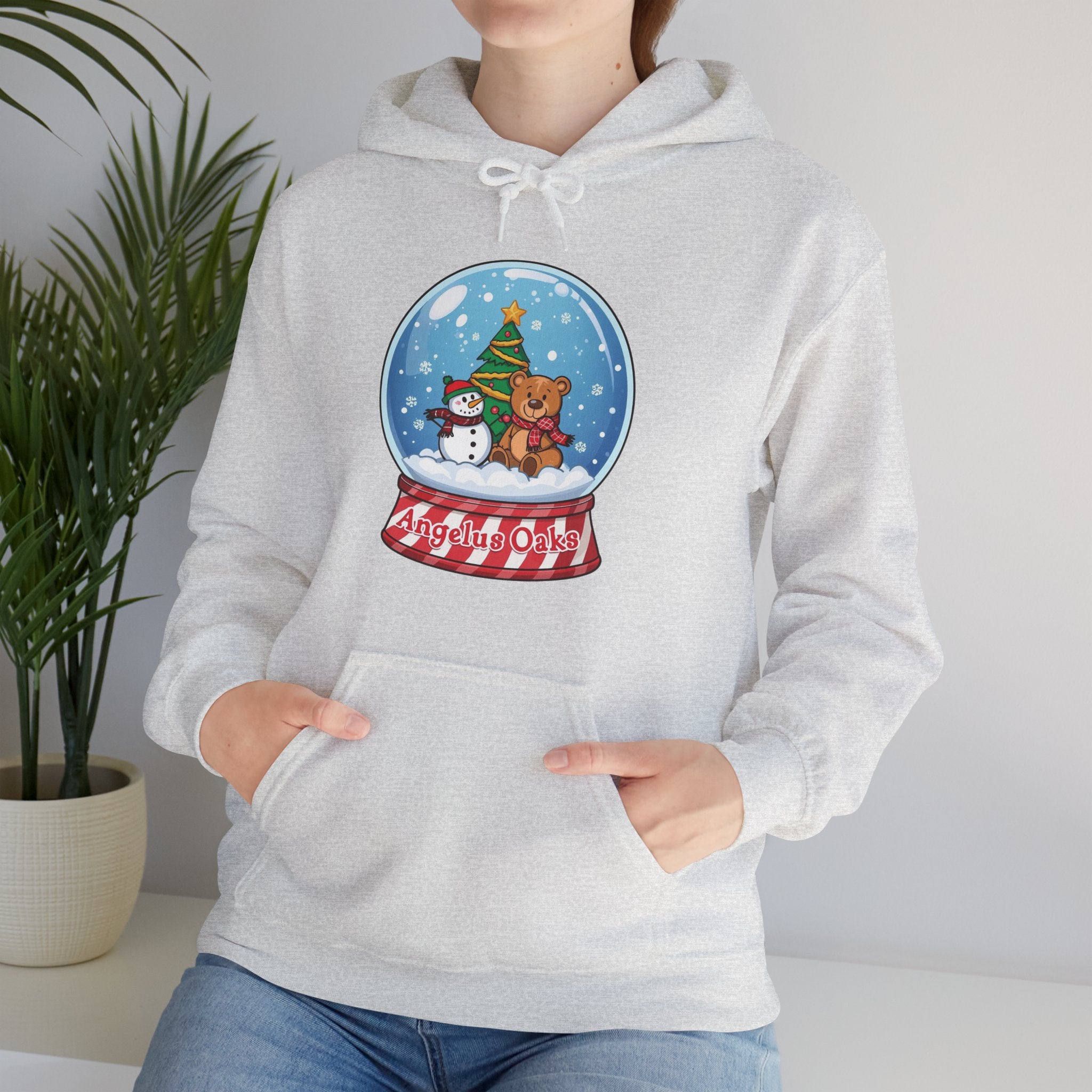 Angelus Oaks Christmas Hoodie – Snow Globe Bear & Snowman Holiday Hoodie | Cozy Mountain Town Christmas Sweater | Gildan 18500