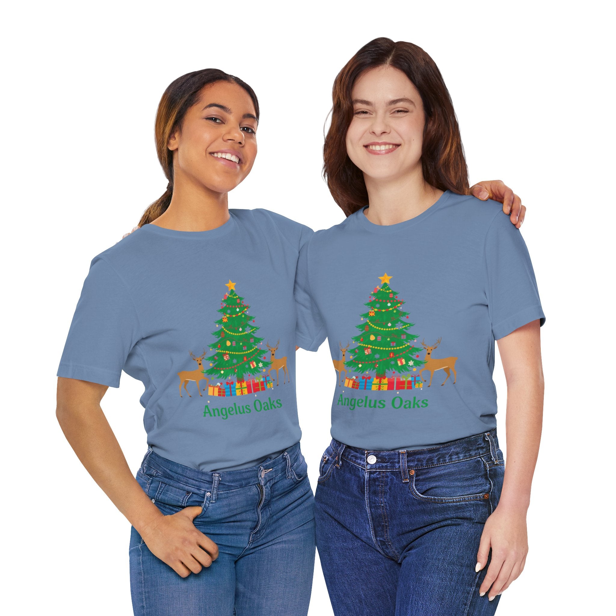 Angelus Oaks Christmas Shirt – Christmas Tree & Deer Holiday Tee | Mountain Town Christmas Shirt | Bella Canvas 3001