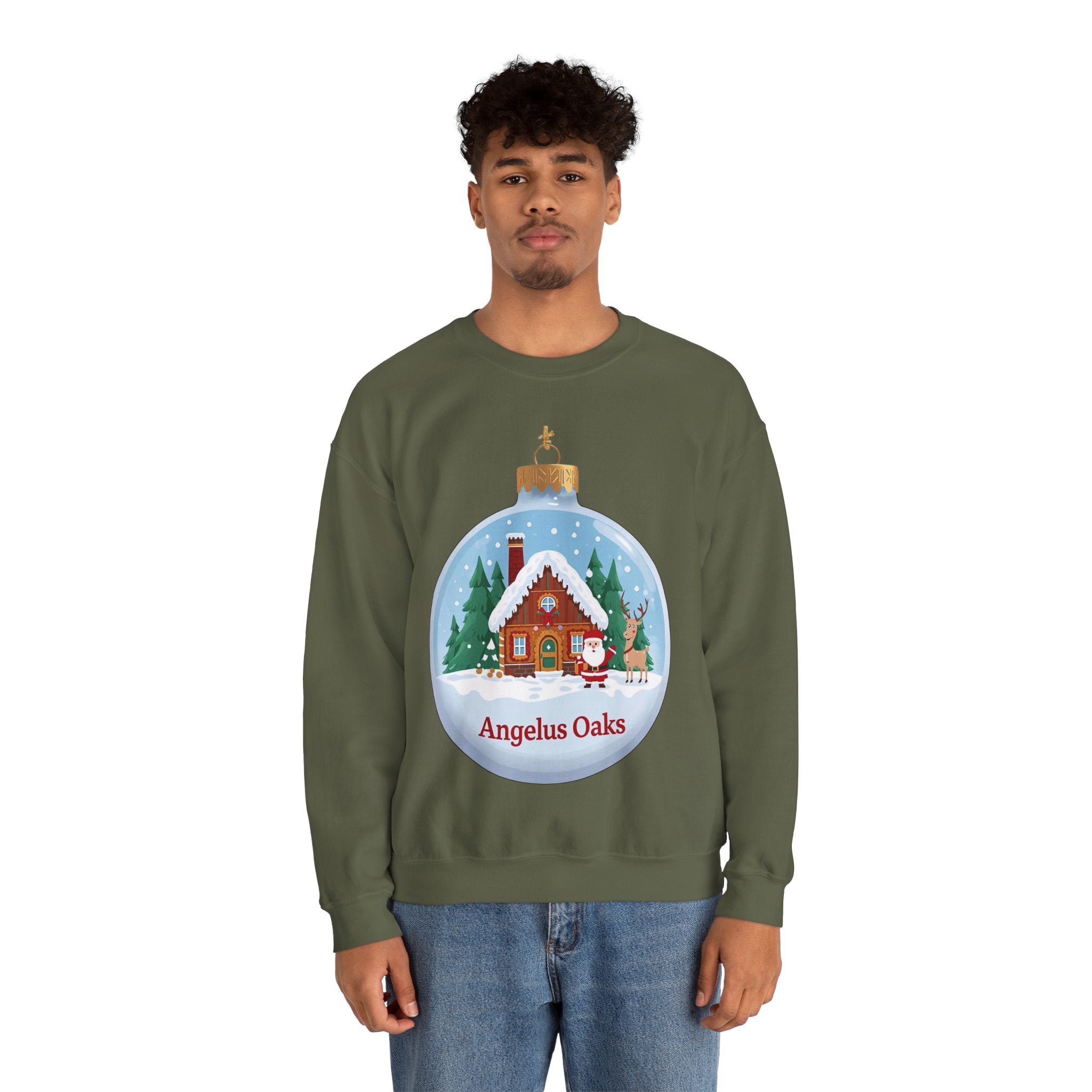 Angelus Oaks Christmas Sweatshirt – Santa & Reindeer Cabin Ornament Crewneck | Mountain Town Holiday Sweater | Gildan 18000