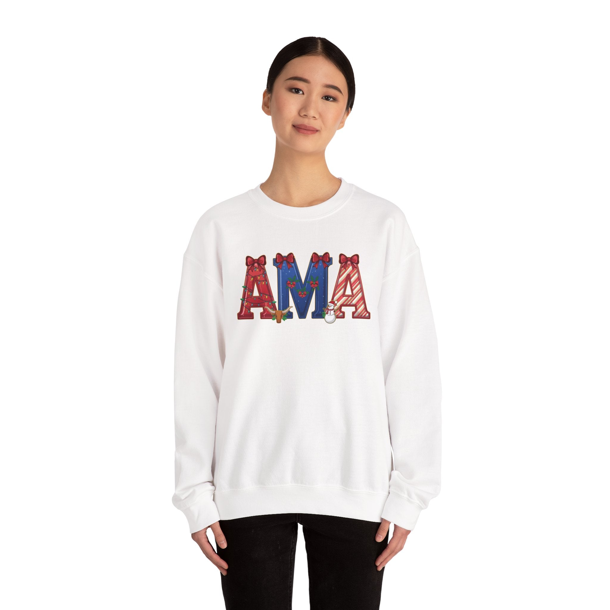 AMA Christmas Sweatshirt – Festive Holiday Airport Code Crewneck | Winter Travel Gift | Gildan 18000
