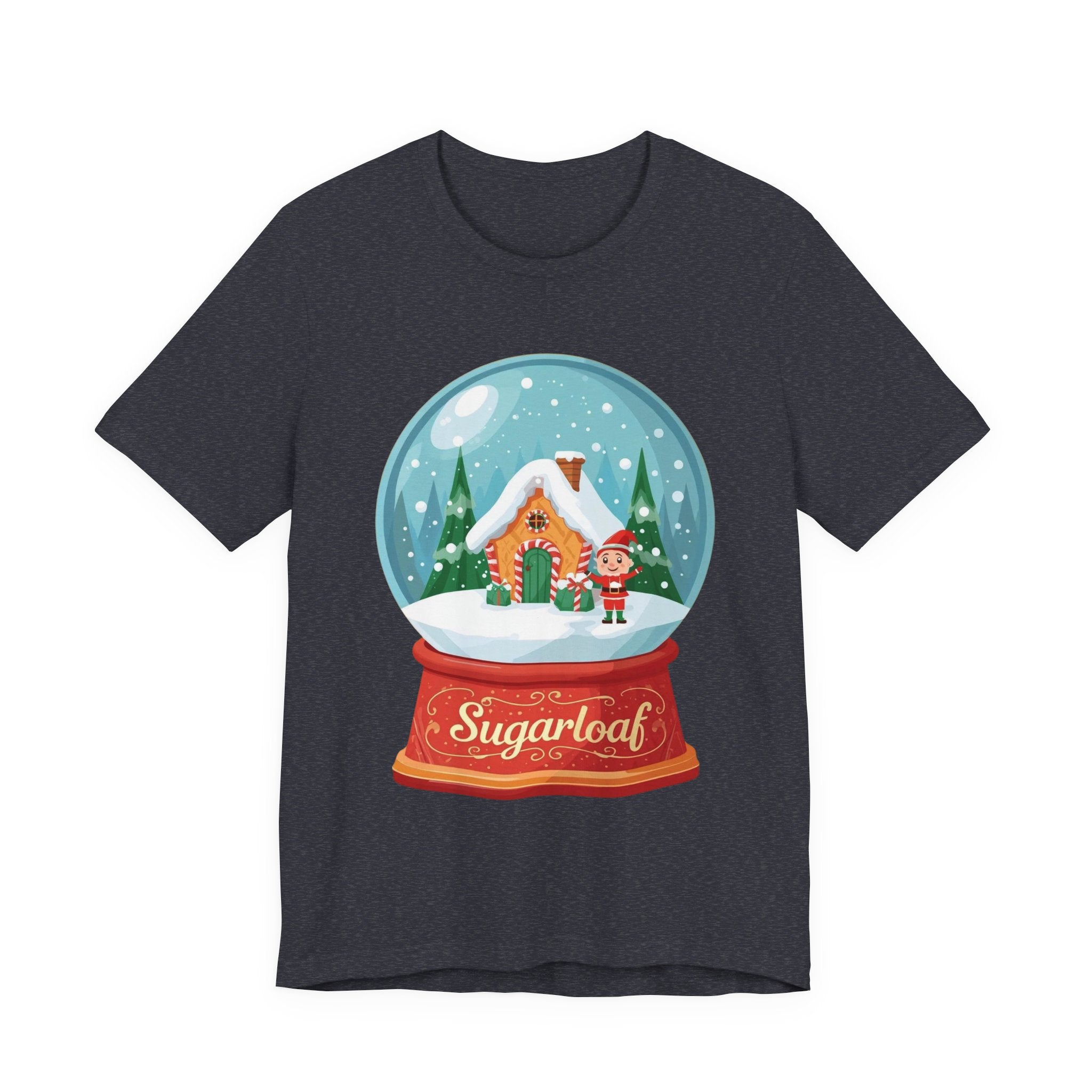 Sugarloaf Christmas Shirt – Snow Globe Elf & Candy Cottage Scene Tee | Mountain Town Christmas Gift | Bella Canvas 3001