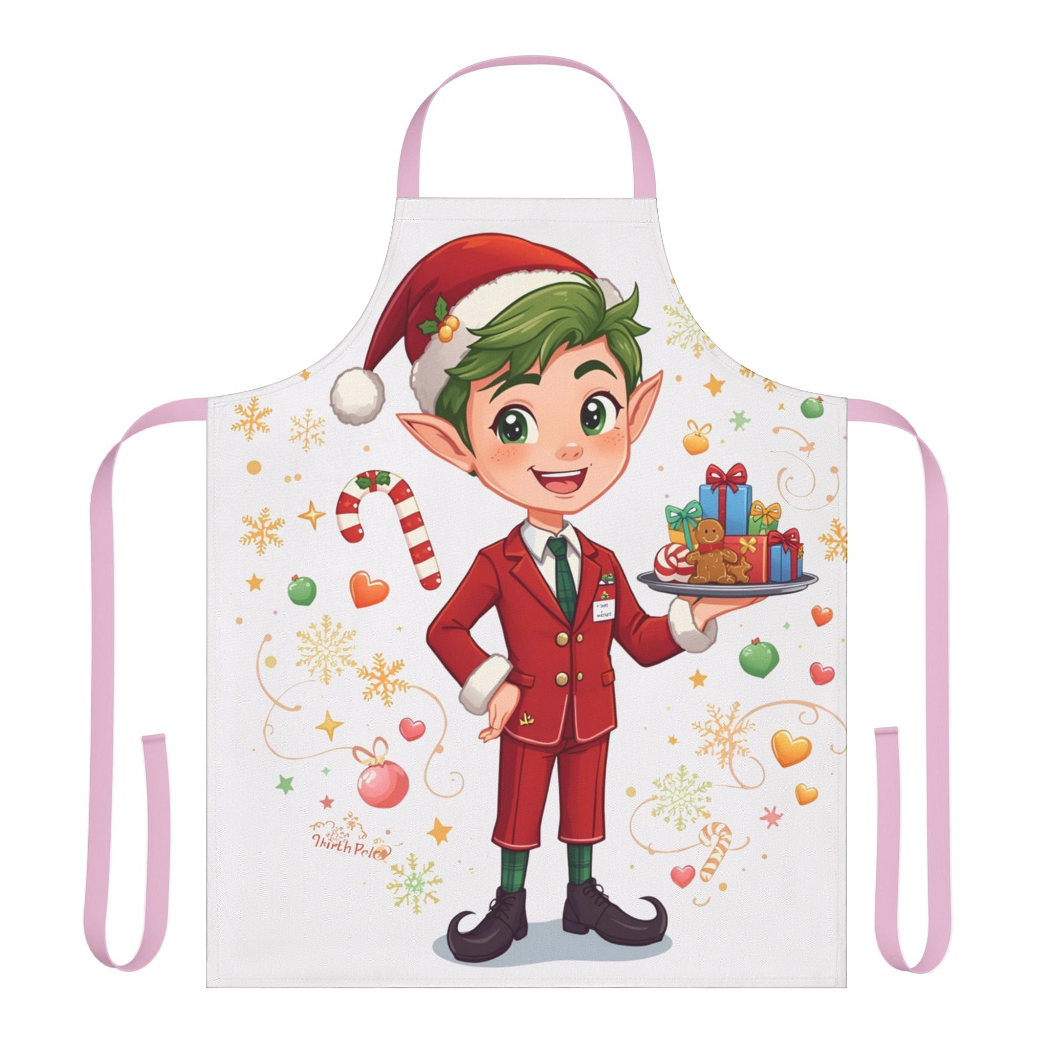 Christmas Elf Apron – Cute Holiday Baking Chef Apron with Candy Cane & Gift Design