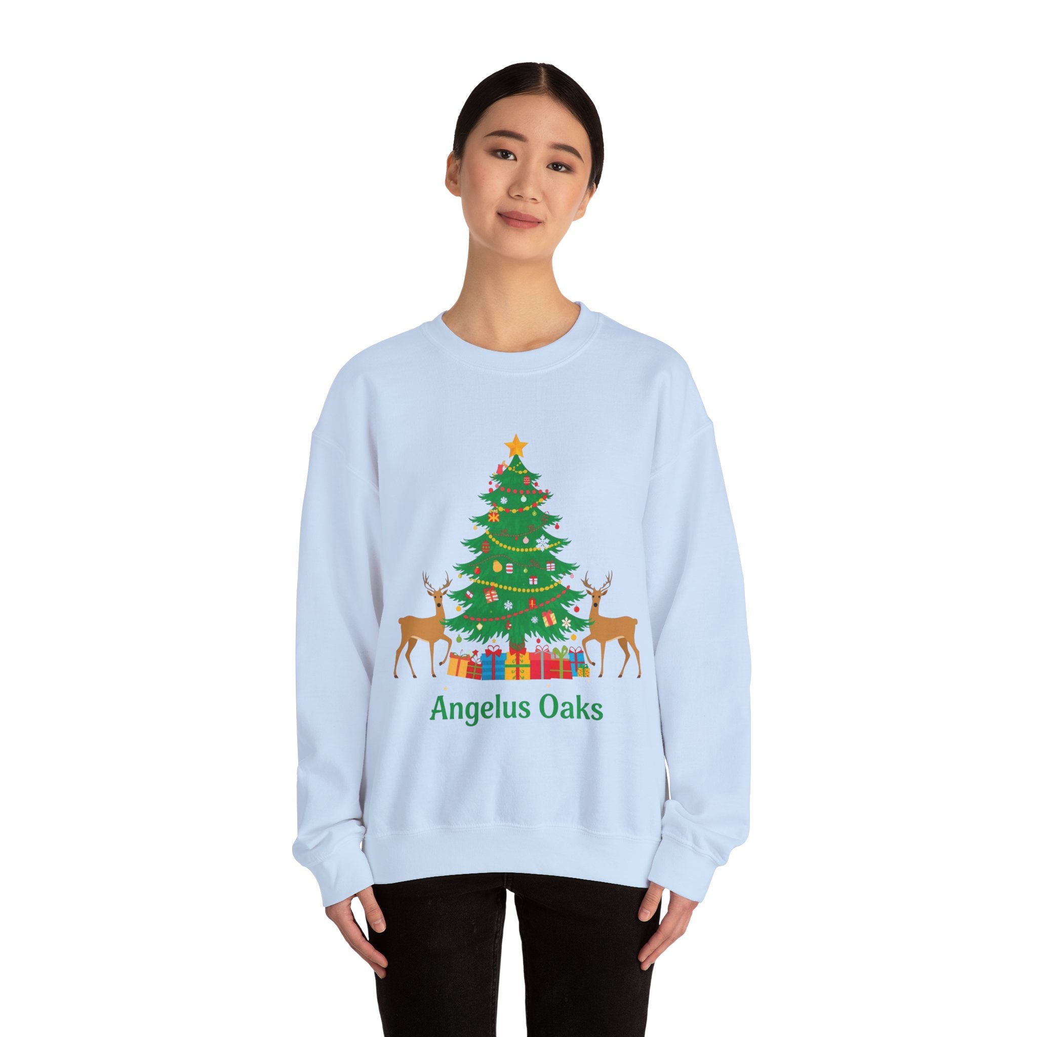 Angelus Oaks Christmas Sweatshirt – Christmas Tree & Deer Holiday Crewneck | Mountain Town Christmas Sweater | Gildan 18000