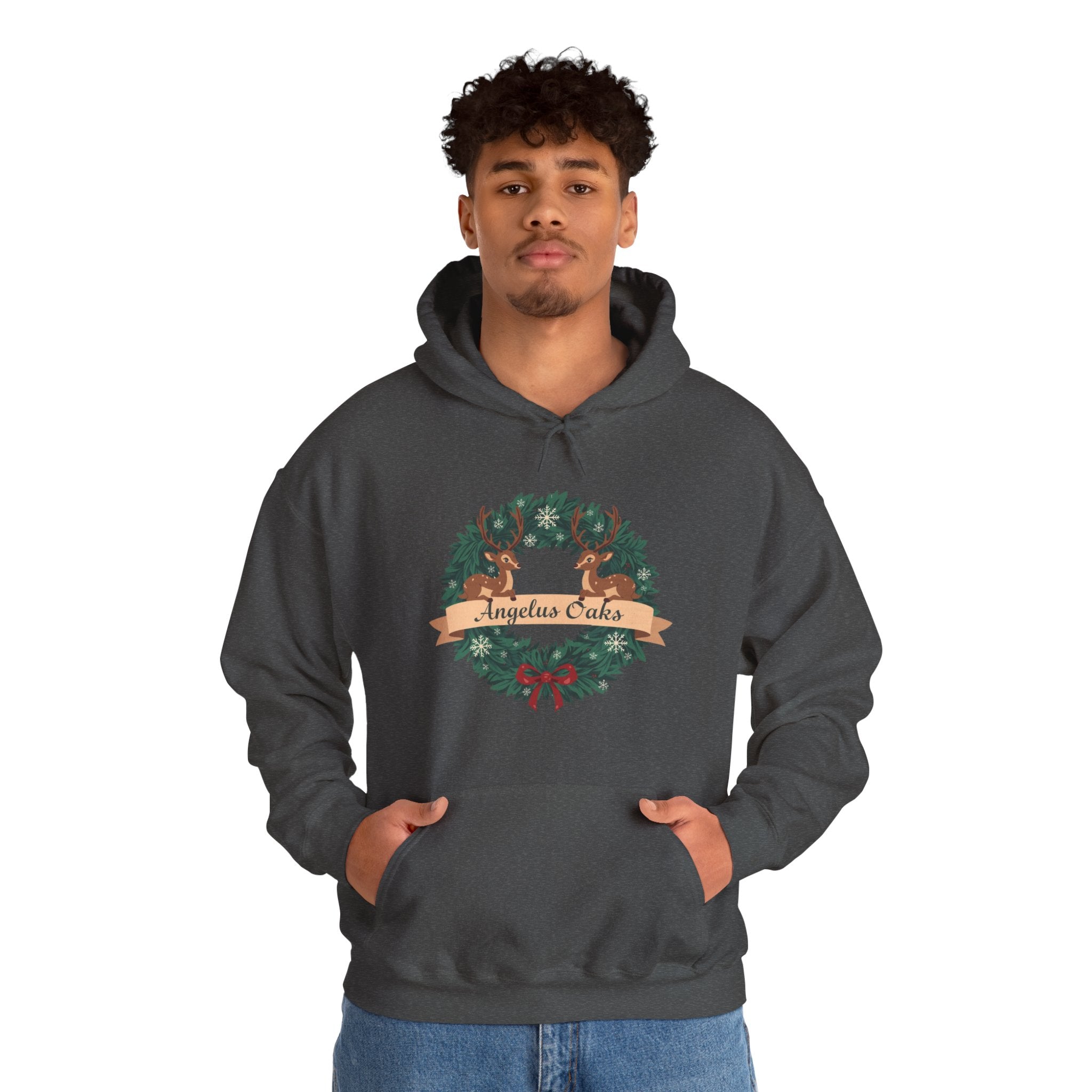 Angelus Oaks Christmas Hoodie – Deer Wreath Holiday Hoodie | Cozy Mountain Town Christmas Sweater | Gildan 18500