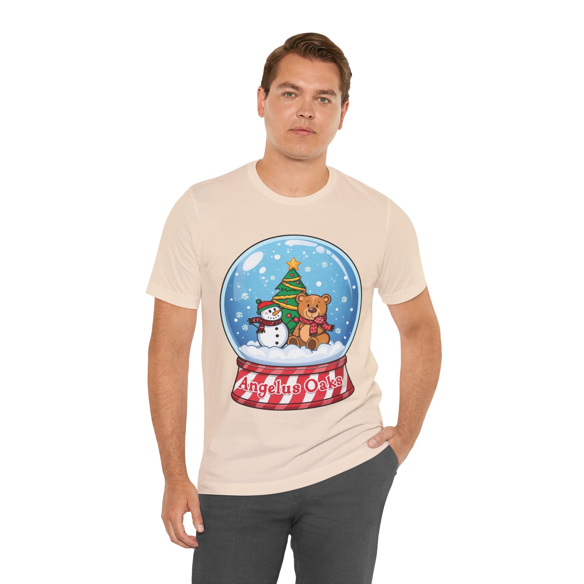 Angelus Oaks Christmas Shirt – Snow Globe Bear & Snowman Holiday Tee | Cute Mountain Town Christmas Shirt | Bella Canvas 3001