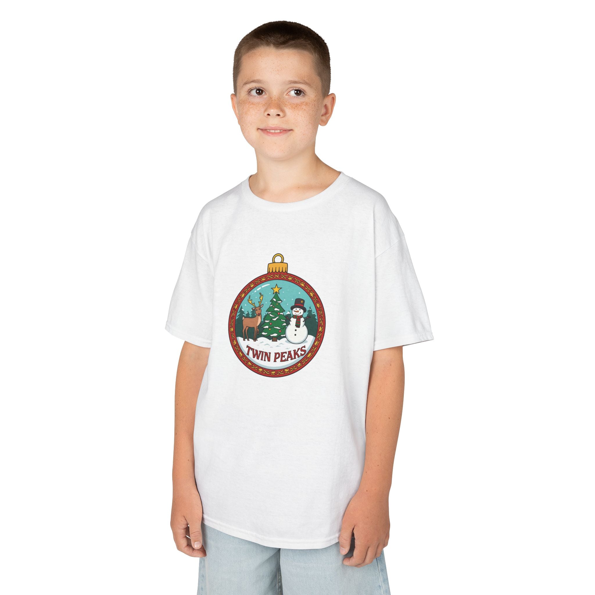 Twin Peaks Christmas Shirt – Snowman & Deer Ornament Scene Tee | Mountain Town Christmas Gift | Gildan 5000B