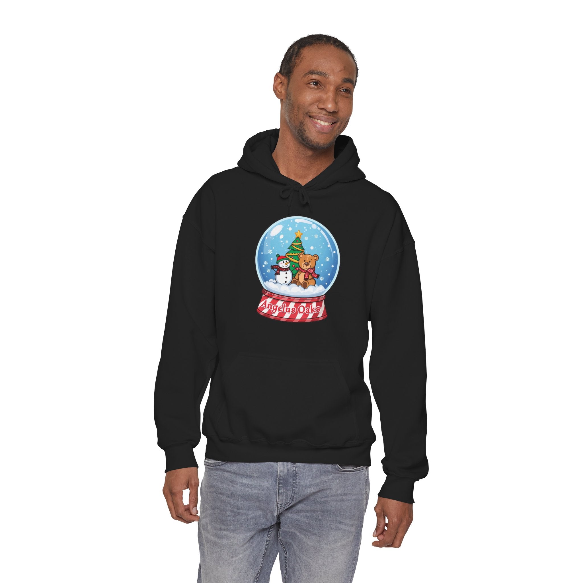 Angelus Oaks Christmas Hoodie – Snow Globe Bear & Snowman Holiday Hoodie | Cozy Mountain Town Christmas Sweater | Gildan 18500