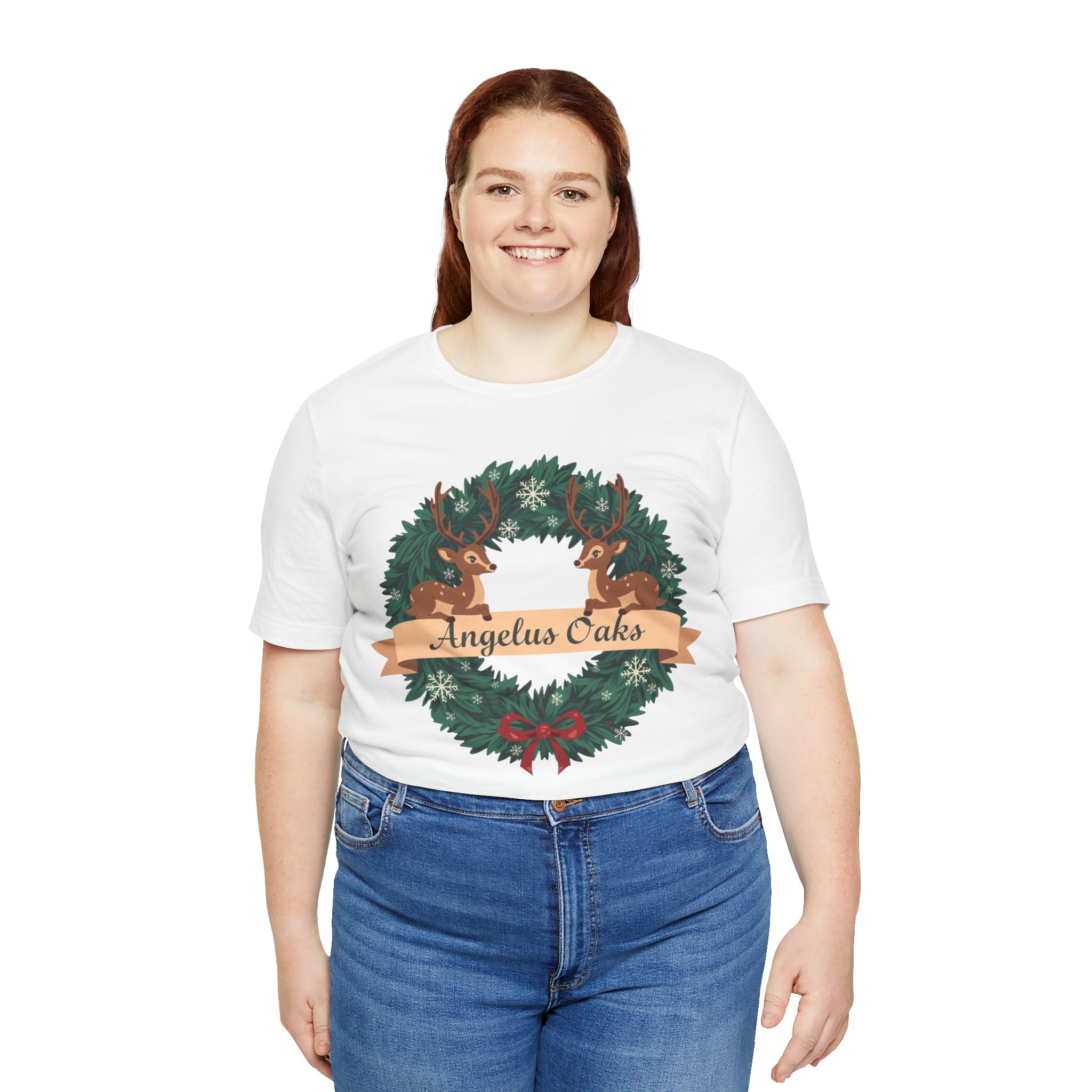Angelus Oaks Christmas Shirt – Deer Wreath Holiday Tee | Mountain Town Christmas Shirt | Bella Canvas 3001
