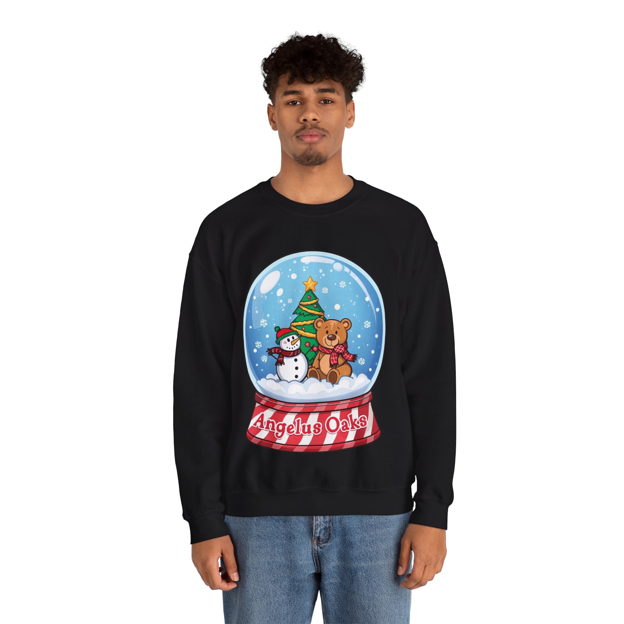 Angelus Oaks Christmas Sweatshirt – Snow Globe Bear & Snowman Crewneck | Cozy Mountain Town Holiday Sweater | Gildan 18000