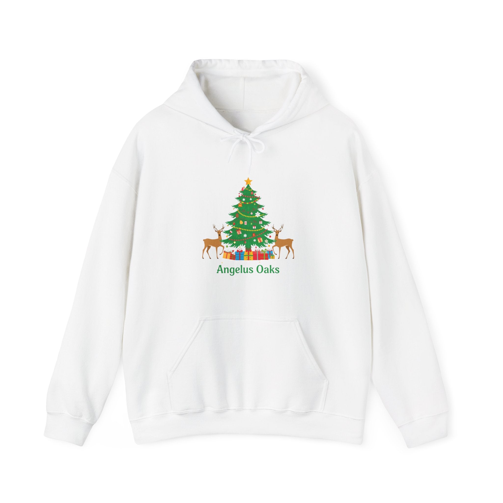 Angelus Oaks Christmas Hoodie – Christmas Tree & Deer Holiday Hoodie | Cozy Mountain Town Christmas Sweater | Gildan 18500
