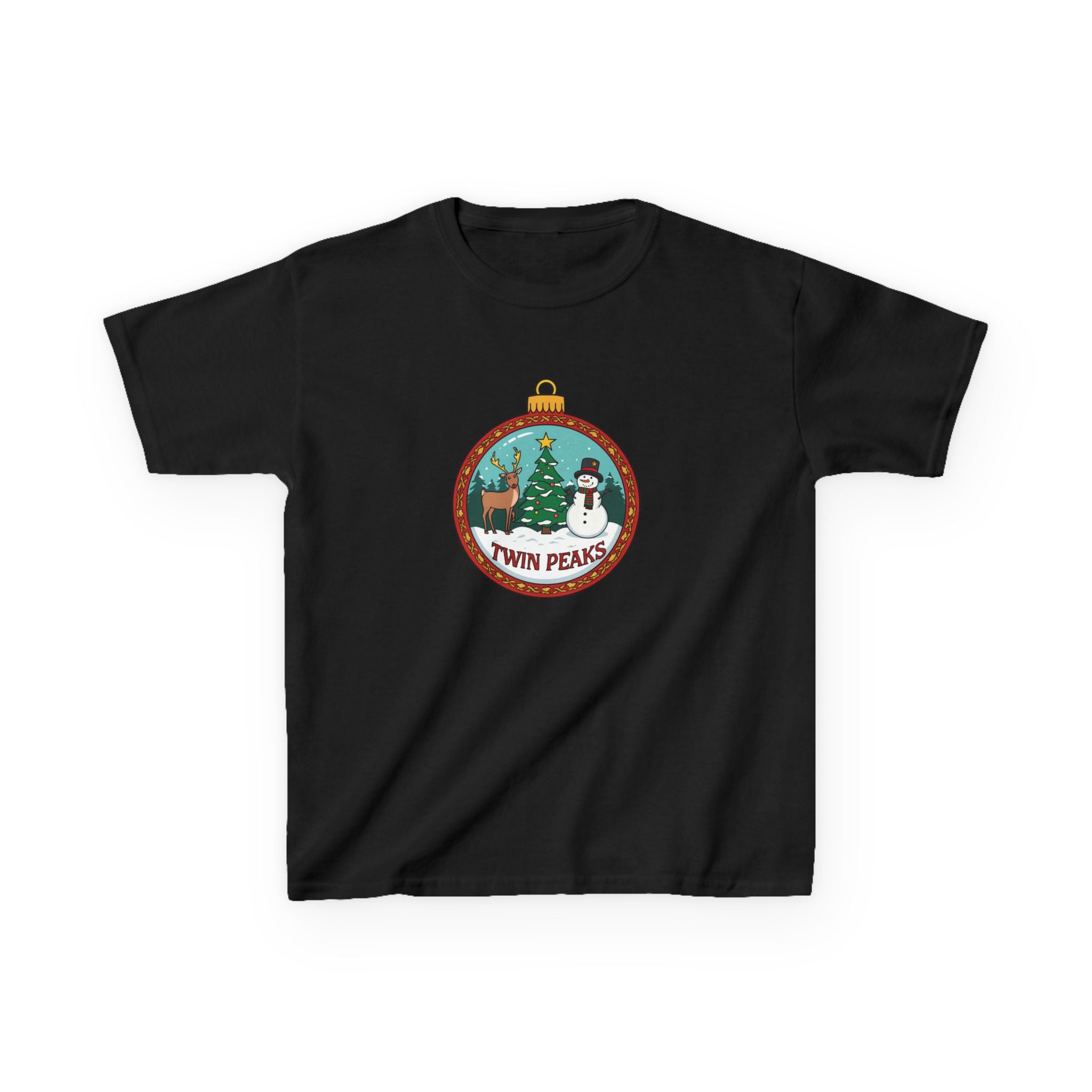 Twin Peaks Christmas Shirt – Snowman & Deer Ornament Scene Tee | Mountain Town Christmas Gift | Gildan 5000B