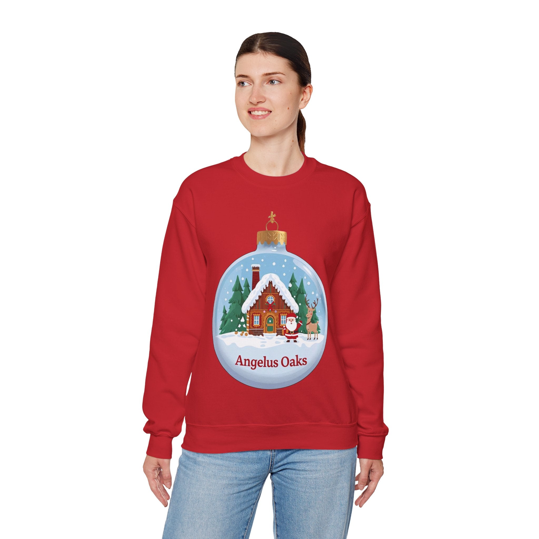 Angelus Oaks Christmas Sweatshirt – Santa & Reindeer Cabin Ornament Crewneck | Mountain Town Holiday Sweater | Gildan 18000