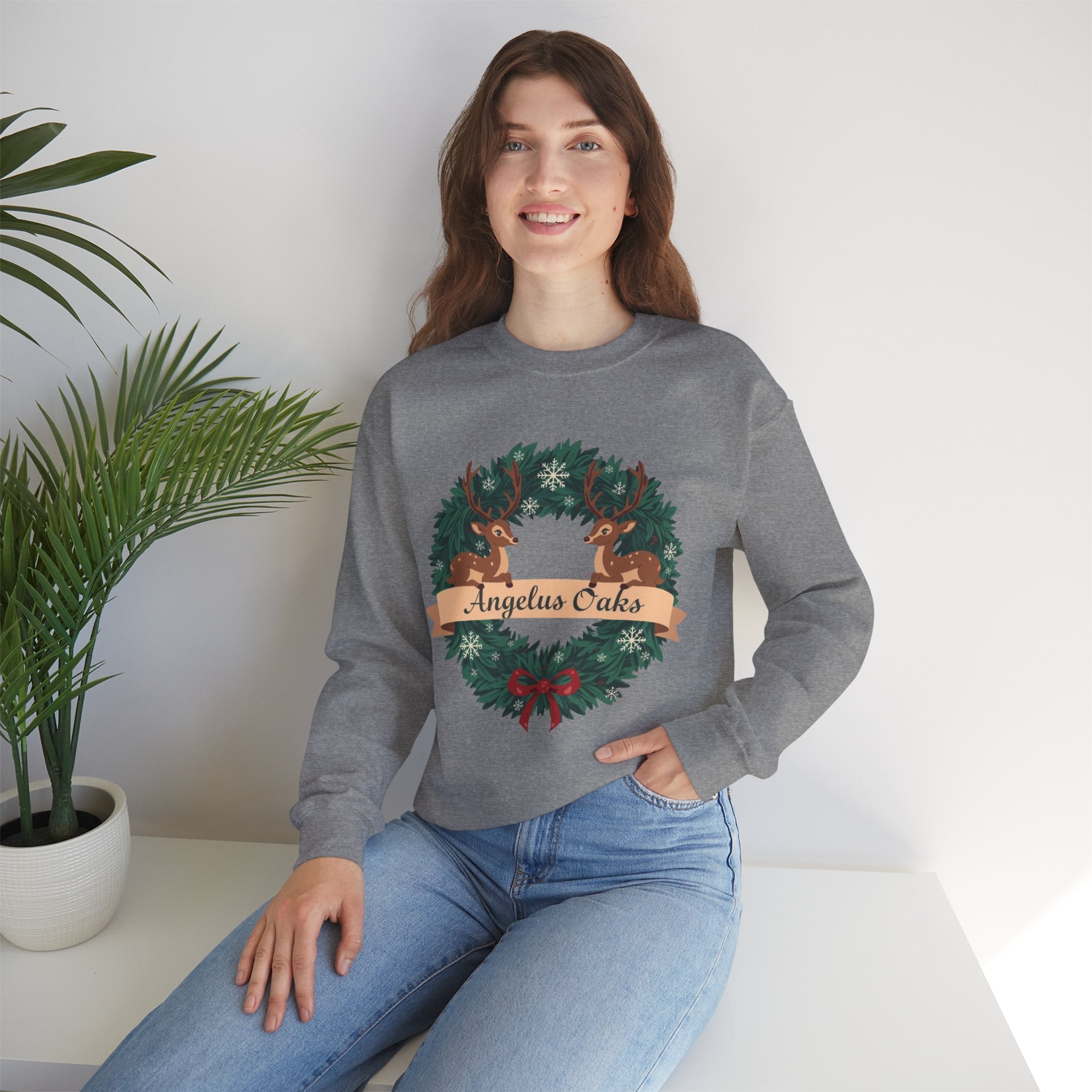 Angelus Oaks Christmas Sweatshirt – Deer Wreath Holiday Crewneck | Cozy Mountain Town Christmas Sweater | Gildan 18000