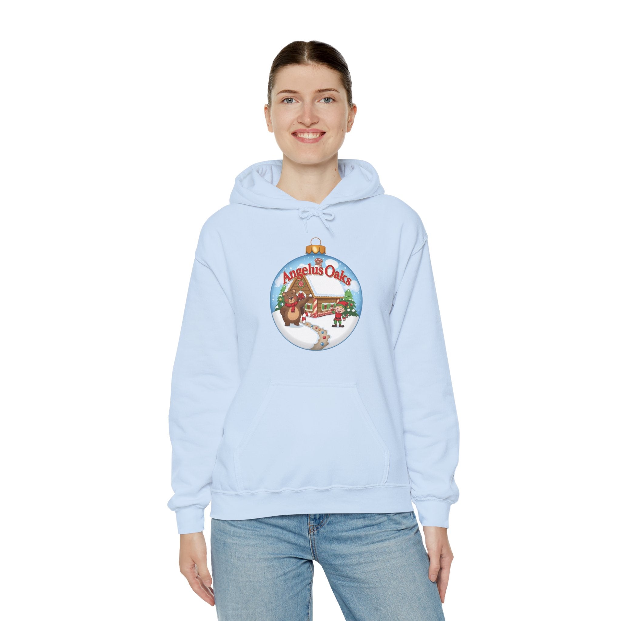Angelus Oaks Christmas Hoodie – Bear & Elf Gingerbread Holiday Hoodie | Cute Mountain Town Christmas Sweater | Gildan 18500