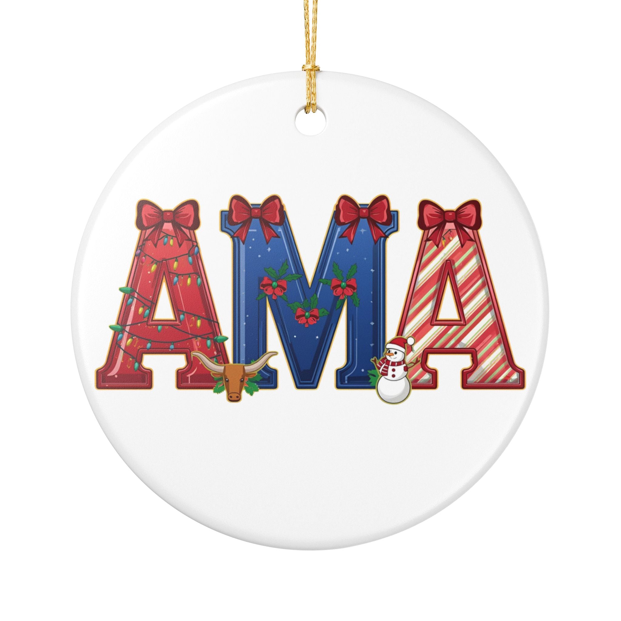 AMA Christmas Ornament – Festive Holiday Letter Art | Holiday Travel Gift | Ceramic Ornament
