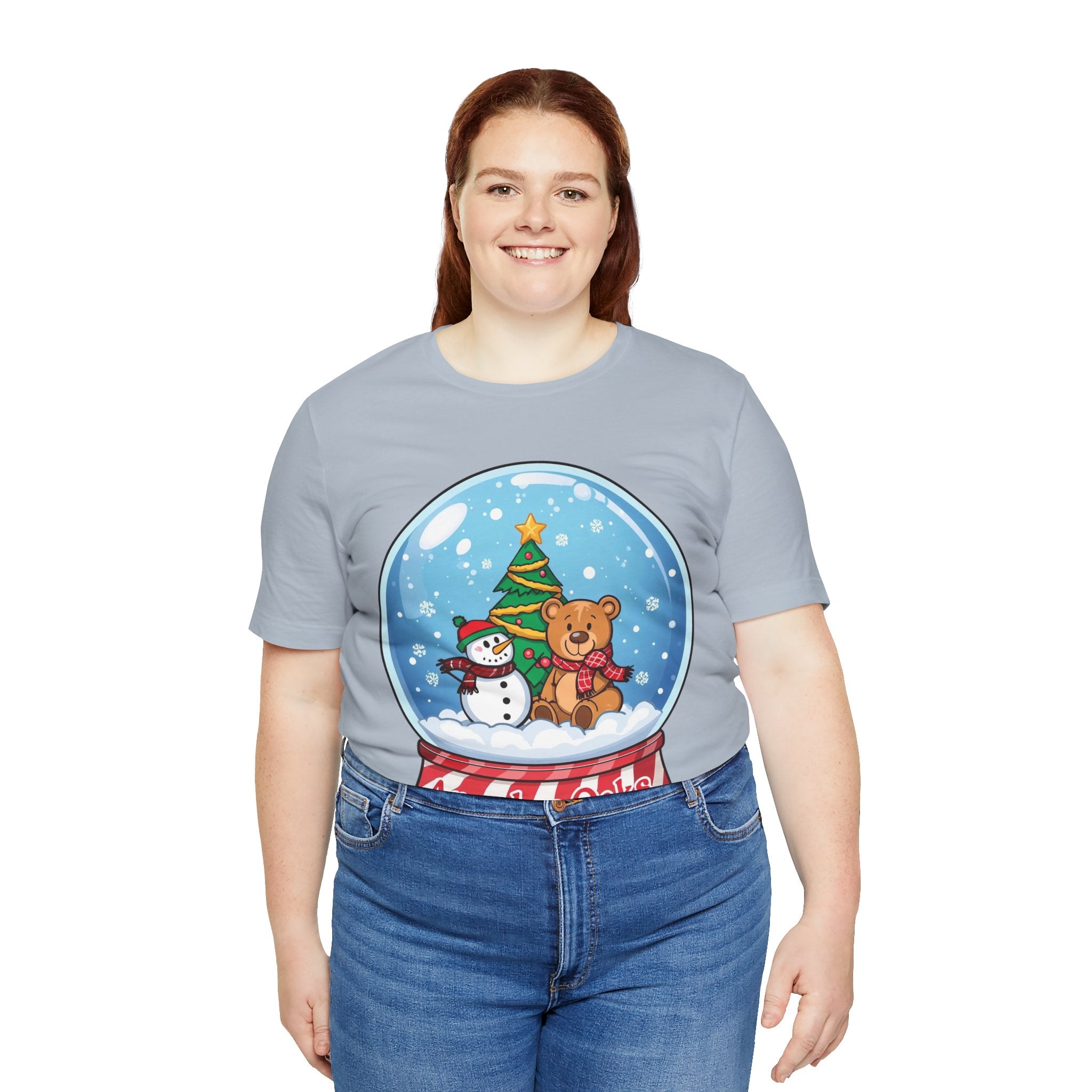 Angelus Oaks Christmas Shirt – Snow Globe Bear & Snowman Holiday Tee | Cute Mountain Town Christmas Shirt | Bella Canvas 3001