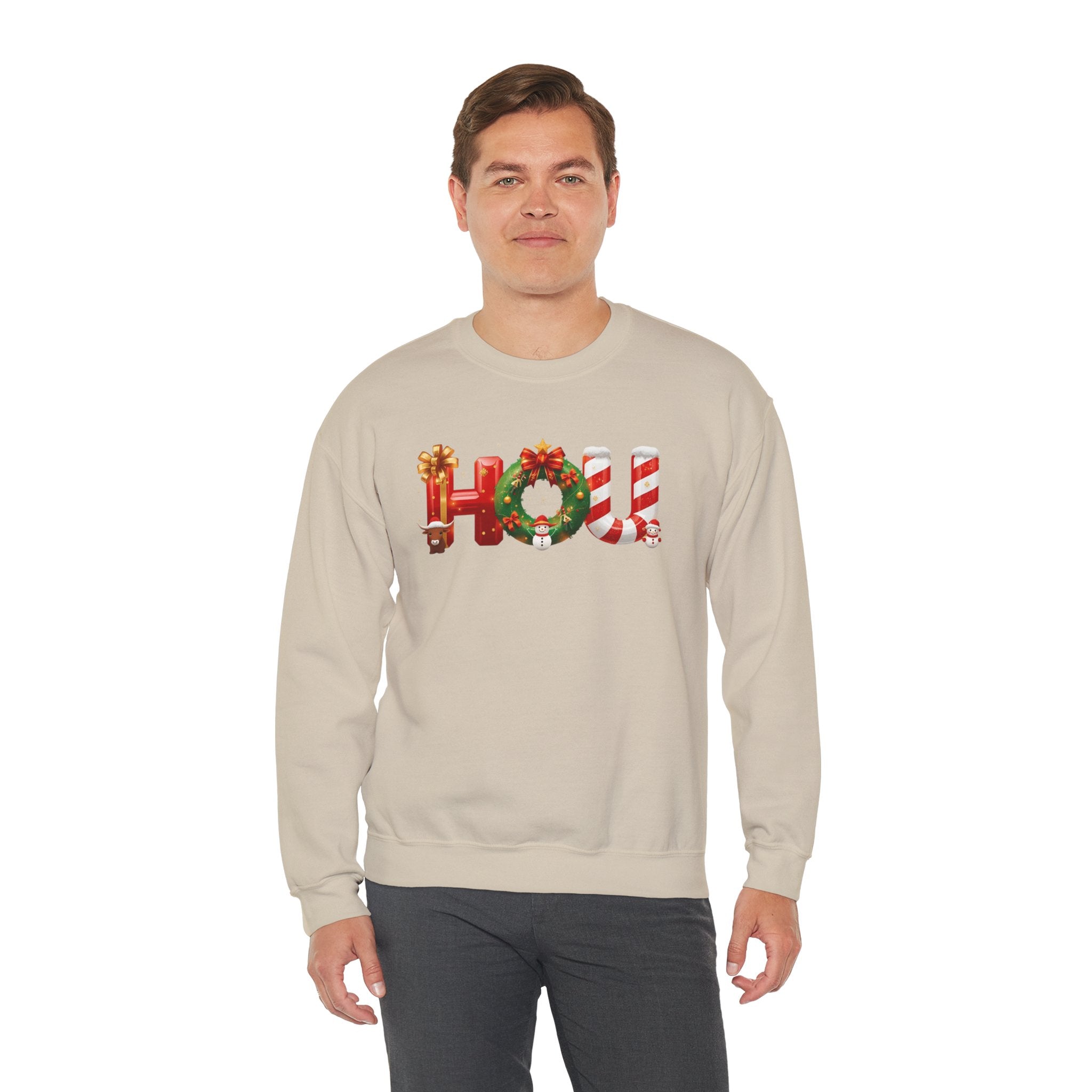 HOU Christmas Sweatshirt – Festive Holiday Letter Art Tee | Christmas Gift | Gildan 18000