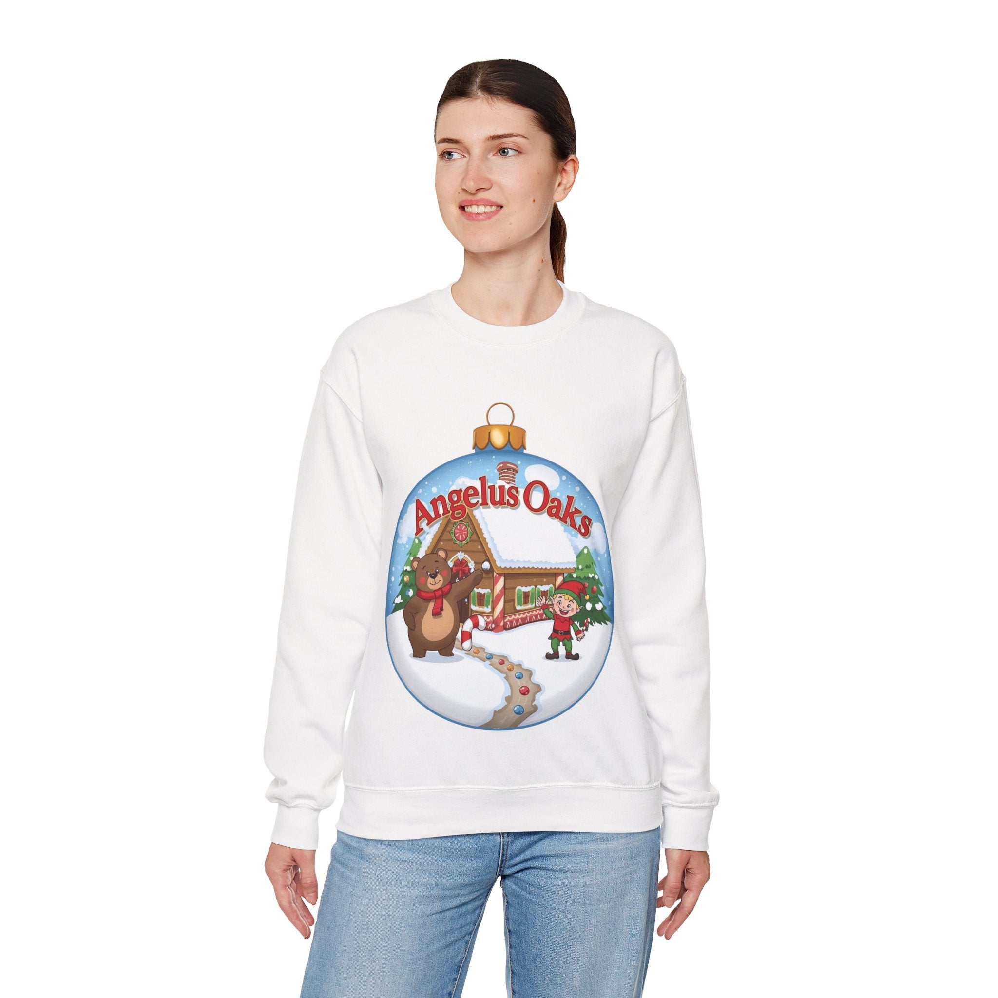 Angelus Oaks Christmas Sweatshirt – Bear & Elf Gingerbread Holiday Crewneck | Cute Mountain Town Christmas Sweater | Gildan 18000