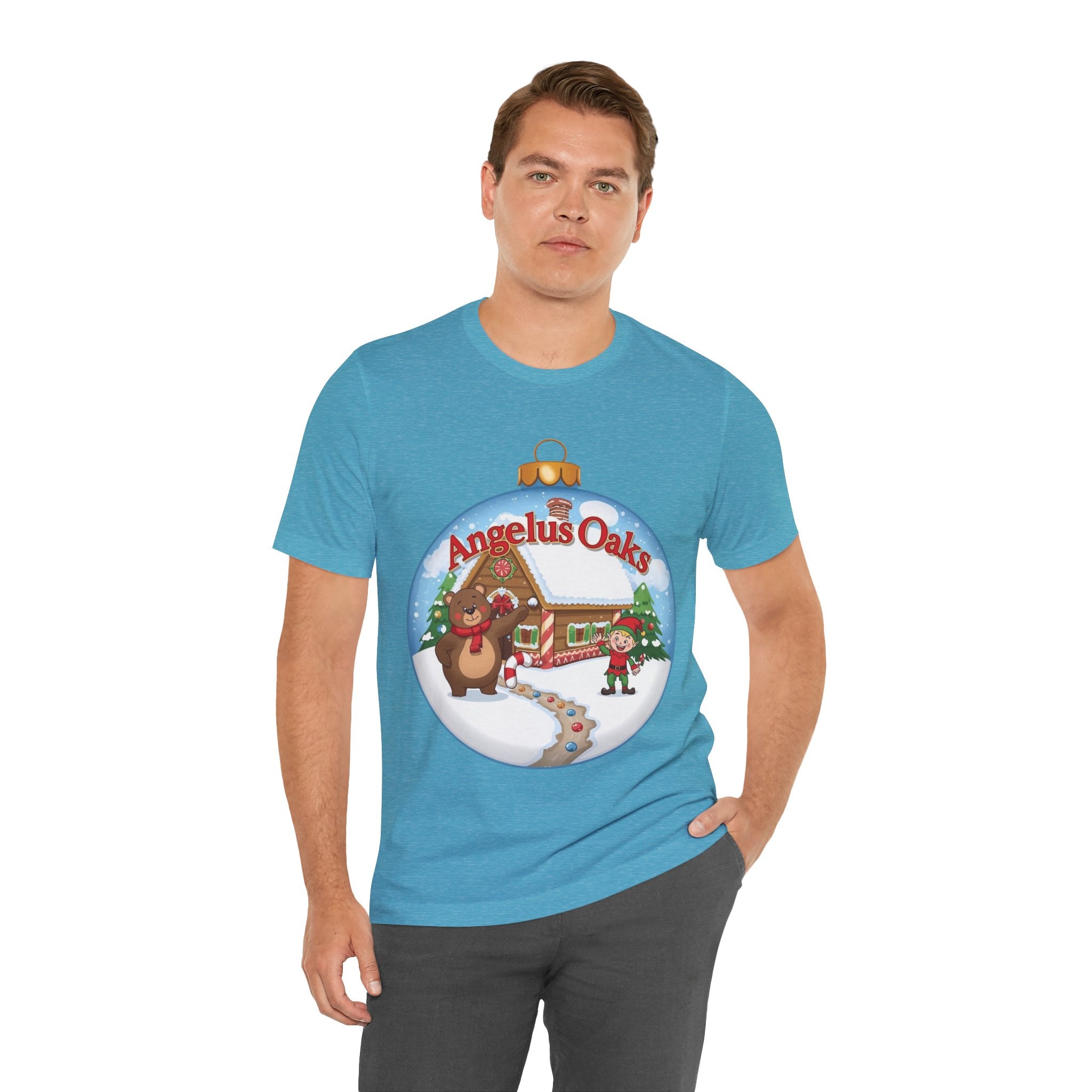 Angelus Oaks Christmas Shirt – Bear & Elf Gingerbread Holiday Tee | Cute Mountain Town Christmas Shirt | Bella Canvas 3001